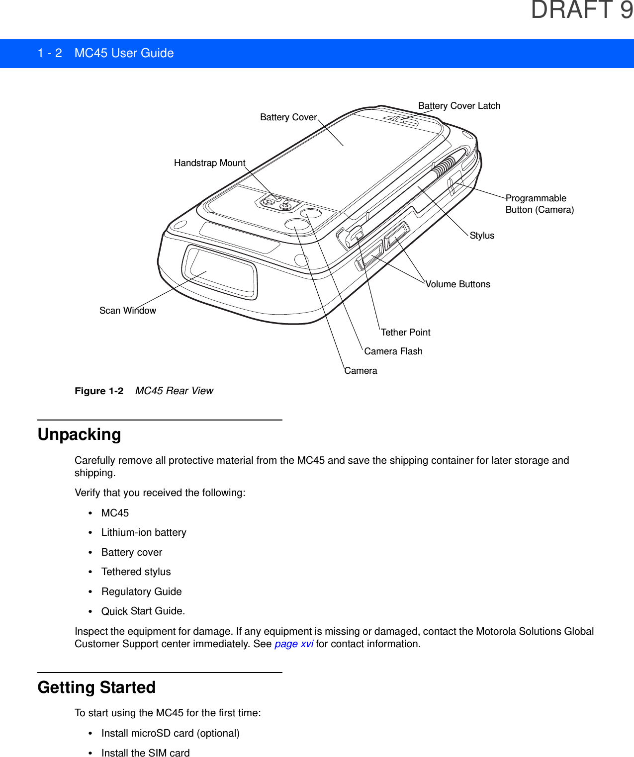 DRAFT 91 - 2 MC45 User GuideFigure 1-2    MC45 Rear ViewUnpackingCarefully remove all protective material from the MC45 and save the shipping container for later storage and shipping.Verify that you received the following:•MC45•Lithium-ion battery•Battery cover•Tethered stylus•Regulatory Guide•Quick Start Guide.Inspect the equipment for damage. If any equipment is missing or damaged, contact the Motorola Solutions Global Customer Support center immediately. See page xvi for contact information.Getting StartedTo start using the MC45 for the first time:•Install microSD card (optional)•Install the SIM cardScan WindowStylusHandstrap MountCameraCamera FlashBattery CoverBattery Cover LatchTether PointVolume ButtonsProgrammable Button (Camera)