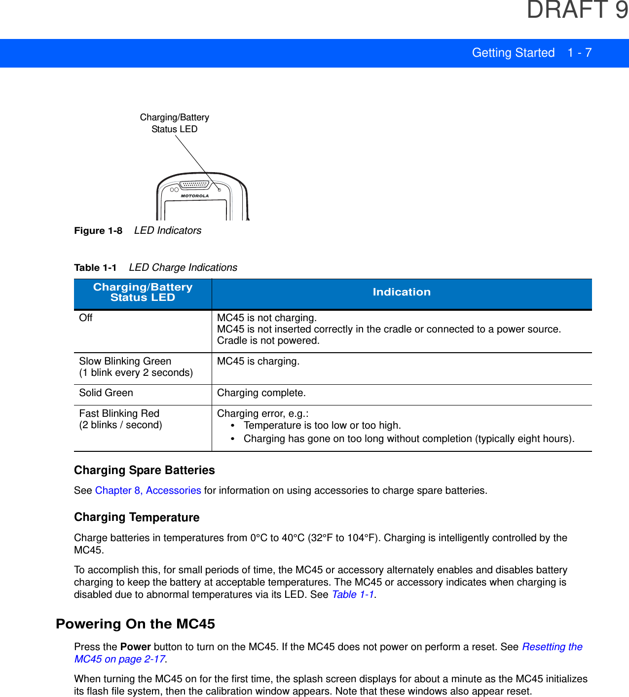 DRAFT 9Getting Started 1 - 7Figure 1-8    LED IndicatorsCharging Spare BatteriesSee Chapter 8, Accessories for information on using accessories to charge spare batteries.Charging TemperatureCharge batteries in temperatures from 0°C to 40°C (32°F to 104°F). Charging is intelligently controlled by the MC45.To accomplish this, for small periods of time, the MC45 or accessory alternately enables and disables battery charging to keep the battery at acceptable temperatures. The MC45 or accessory indicates when charging is disabled due to abnormal temperatures via its LED. See Table 1-1.Powering On the MC45Press the Power button to turn on the MC45. If the MC45 does not power on perform a reset. See Resetting the MC45 on page 2-17.When turning the MC45 on for the first time, the splash screen displays for about a minute as the MC45 initializes its flash file system, then the calibration window appears. Note that these windows also appear reset.Table 1-1    LED Charge Indications  Charging/BatteryStatus LED IndicationOff MC45 is not charging.MC45 is not inserted correctly in the cradle or connected to a power source.Cradle is not powered.Slow Blinking Green(1 blink every 2 seconds) MC45 is charging.Solid Green Charging complete.Fast Blinking Red(2 blinks / second) Charging error, e.g.:•Temperature is too low or too high.•Charging has gone on too long without completion (typically eight hours).Charging/Battery Status LED