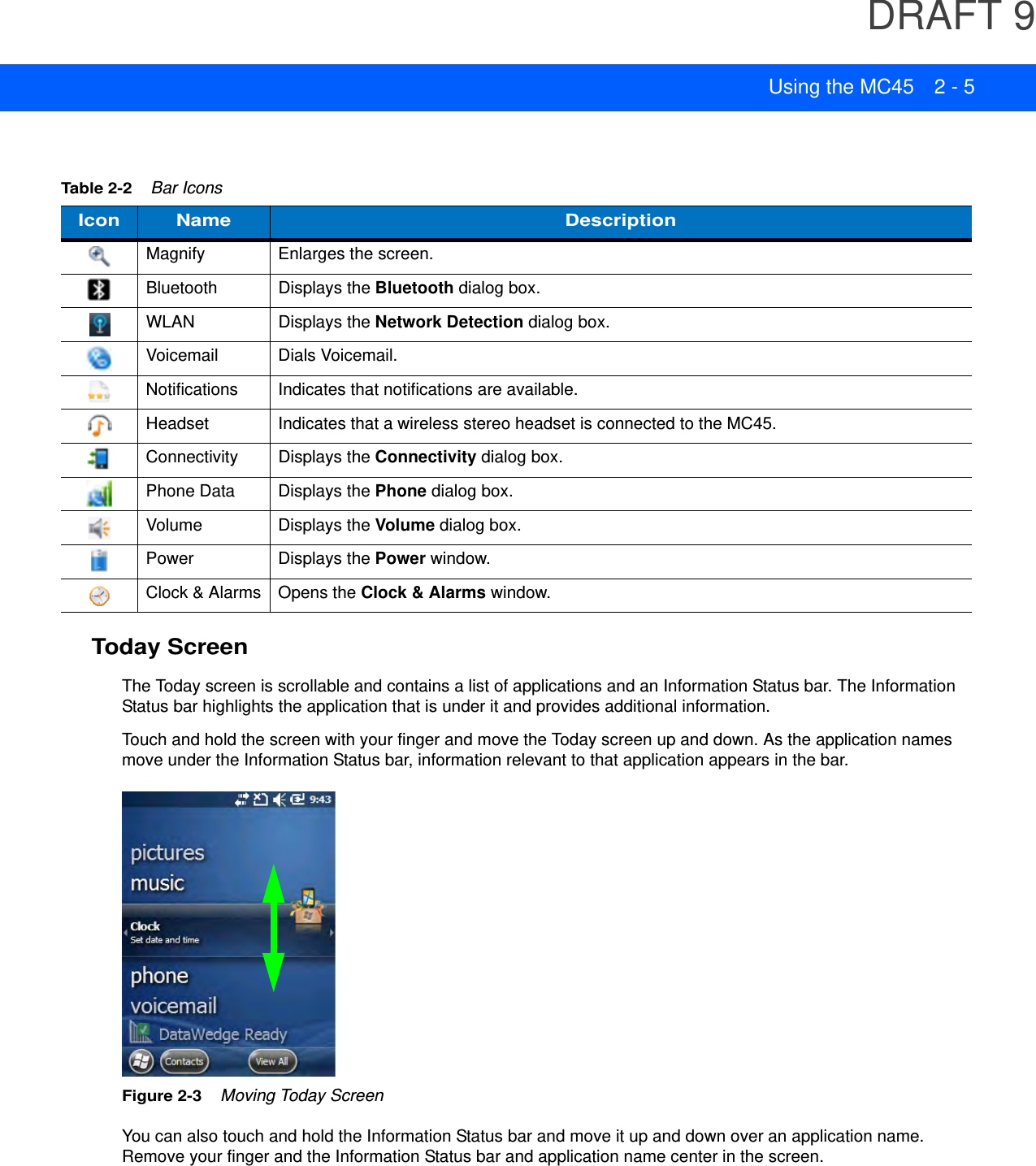 DRAFT 9Using the MC45 2 - 5Today ScreenThe Today screen is scrollable and contains a list of applications and an Information Status bar. The Information Status bar highlights the application that is under it and provides additional information.Touch and hold the screen with your finger and move the Today screen up and down. As the application names move under the Information Status bar, information relevant to that application appears in the bar.Figure 2-3    Moving Today ScreenYou can also touch and hold the Information Status bar and move it up and down over an application name. Remove your finger and the Information Status bar and application name center in the screen.Table 2-2    Bar IconsIcon Name DescriptionMagnify Enlarges the screen.Bluetooth Displays the Bluetooth dialog box.WLAN Displays the Network Detection dialog box.Voicemail Dials Voicemail.Notifications Indicates that notifications are available.Headset Indicates that a wireless stereo headset is connected to the MC45.Connectivity Displays the Connectivity dialog box.Phone Data Displays the Phone dialog box.Volume Displays the Volume dialog box.Power Displays the Power window.Clock &amp; Alarms Opens the Clock &amp; Alarms window.