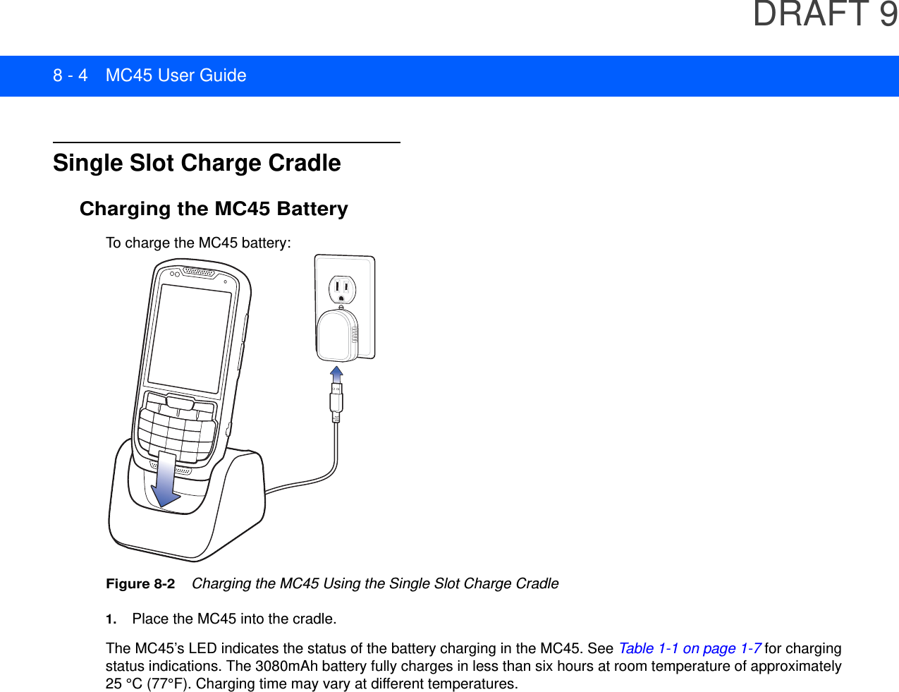 DRAFT 98 - 4 MC45 User GuideSingle Slot Charge CradleCharging the MC45 BatteryTo charge the MC45 battery:Figure 8-2    Charging the MC45 Using the Single Slot Charge Cradle1. Place the MC45 into the cradle.The MC45’s LED indicates the status of the battery charging in the MC45. See Table 1-1 on page 1-7 for charging status indications. The 3080mAh battery fully charges in less than six hours at room temperature of approximately 25 °C (77°F). Charging time may vary at different temperatures.