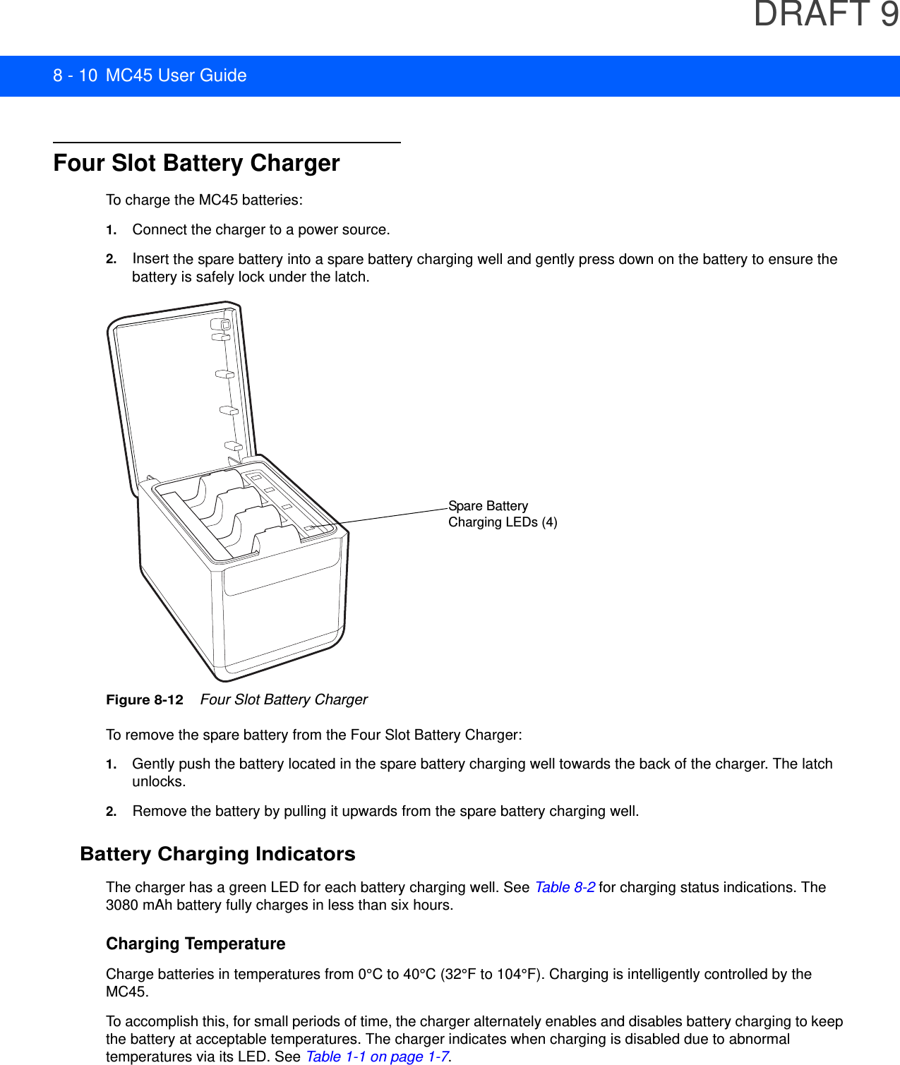 DRAFT 98 - 10 MC45 User GuideFour Slot Battery ChargerTo charge the MC45 batteries:1. Connect the charger to a power source.2. Insert the spare battery into a spare battery charging well and gently press down on the battery to ensure the battery is safely lock under the latch.Figure 8-12    Four Slot Battery ChargerTo remove the spare battery from the Four Slot Battery Charger:1. Gently push the battery located in the spare battery charging well towards the back of the charger. The latch unlocks.2. Remove the battery by pulling it upwards from the spare battery charging well.Battery Charging IndicatorsThe charger has a green LED for each battery charging well. See Table 8-2 for charging status indications. The 3080 mAh battery fully charges in less than six hours.Charging TemperatureCharge batteries in temperatures from 0°C to 40°C (32°F to 104°F). Charging is intelligently controlled by the MC45.To accomplish this, for small periods of time, the charger alternately enables and disables battery charging to keep the battery at acceptable temperatures. The charger indicates when charging is disabled due to abnormal temperatures via its LED. See Table 1-1 on page 1-7.Spare Battery Charging LEDs (4)