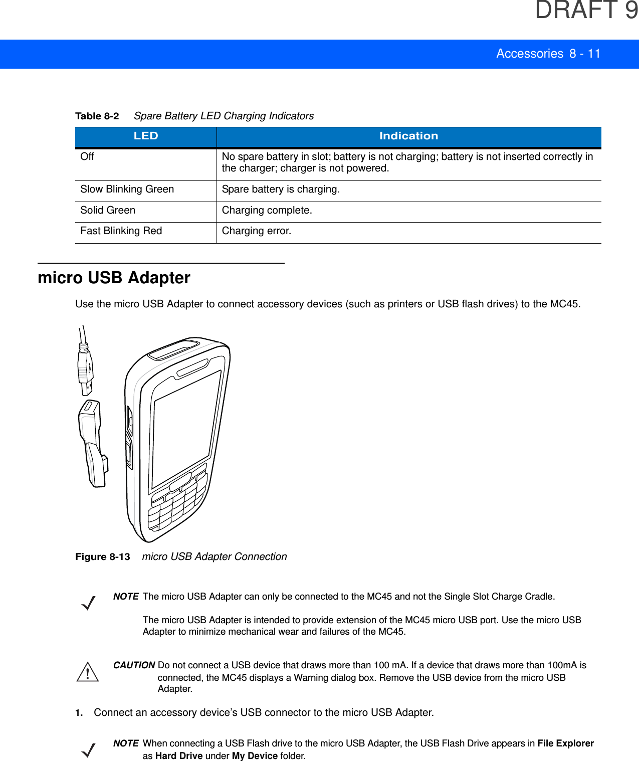 DRAFT 9Accessories 8 - 11micro USB AdapterUse the micro USB Adapter to connect accessory devices (such as printers or USB flash drives) to the MC45. Figure 8-13    micro USB Adapter Connection1. Connect an accessory device’s USB connector to the micro USB Adapter.Table 8-2     Spare Battery LED Charging IndicatorsLED IndicationOff No spare battery in slot; battery is not charging; battery is not inserted correctly in the charger; charger is not powered.Slow Blinking Green Spare battery is charging.Solid Green Charging complete.Fast Blinking Red Charging error.NOTEThe micro USB Adapter can only be connected to the MC45 and not the Single Slot Charge Cradle.The micro USB Adapter is intended to provide extension of the MC45 micro USB port. Use the micro USB Adapter to minimize mechanical wear and failures of the MC45.CAUTION Do not connect a USB device that draws more than 100 mA. If a device that draws more than 100mA is connected, the MC45 displays a Warning dialog box. Remove the USB device from the micro USB Adapter.NOTE When connecting a USB Flash drive to the micro USB Adapter, the USB Flash Drive appears in File Explorer as Hard Drive under My Device folder.