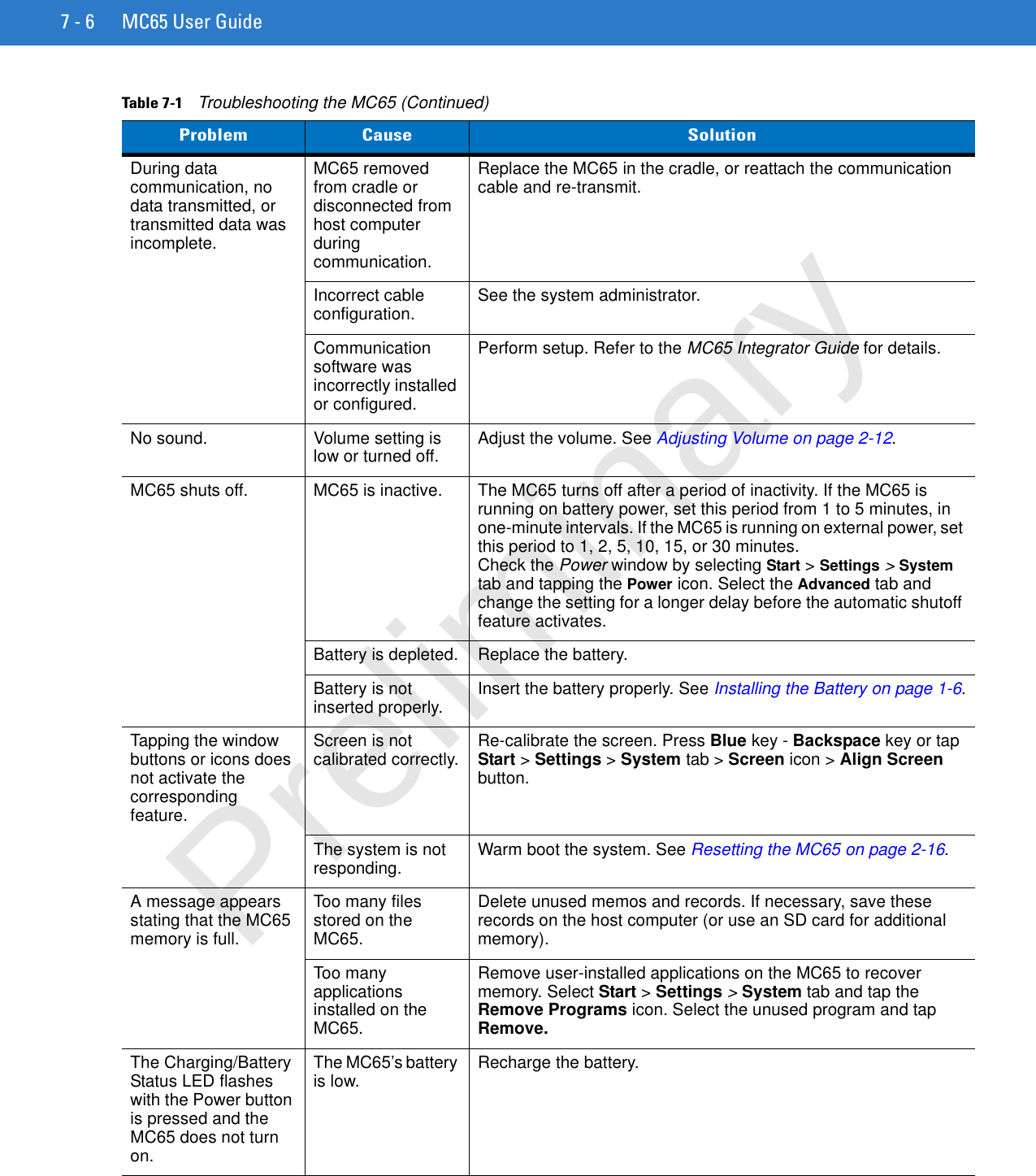 7 - 6 MC65 User GuideDuring data communication, no data transmitted, or transmitted data was incomplete.MC65 removed from cradle or disconnected from host computer during communication.Replace the MC65 in the cradle, or reattach the communication cable and re-transmit.Incorrect cable configuration. See the system administrator.Communication software was incorrectly installed or configured.Perform setup. Refer to the MC65 Integrator Guide for details.No sound. Volume setting is low or turned off. Adjust the volume. See Adjusting Volume on page 2-12.MC65 shuts off. MC65 is inactive. The MC65 turns off after a period of inactivity. If the MC65 is running on battery power, set this period from 1 to 5 minutes, in one-minute intervals. If the MC65 is running on external power, set this period to 1, 2, 5, 10, 15, or 30 minutes.Check the Power window by selecting Start &gt; Settings &gt; System tab and tapping the Power icon. Select the Advanced tab and change the setting for a longer delay before the automatic shutoff feature activates.Battery is depleted. Replace the battery.Battery is not inserted properly. Insert the battery properly. See Installing the Battery on page 1-6.Tapping the window buttons or icons does not activate the corresponding feature.Screen is not calibrated correctly. Re-calibrate the screen. Press Blue key - Backspace key or tap Start &gt; Settings &gt; System tab &gt; Screen icon &gt; Align Screen button.The system is not responding. Warm boot the system. See Resetting the MC65 on page 2-16.A message appears stating that the MC65 memory is full.Too many files stored on the MC65.Delete unused memos and records. If necessary, save these records on the host computer (or use an SD card for additional memory).Too many applications installed on the MC65.Remove user-installed applications on the MC65 to recover memory. Select Start &gt; Settings &gt; System tab and tap the Remove Programs icon. Select the unused program and tap Remove.The Charging/Battery Status LED flashes with the Power button is pressed and the MC65 does not turn on.The MC65’s battery is low.  Recharge the battery.Table 7-1    Troubleshooting the MC65 (Continued)Problem Cause SolutionPreliminary