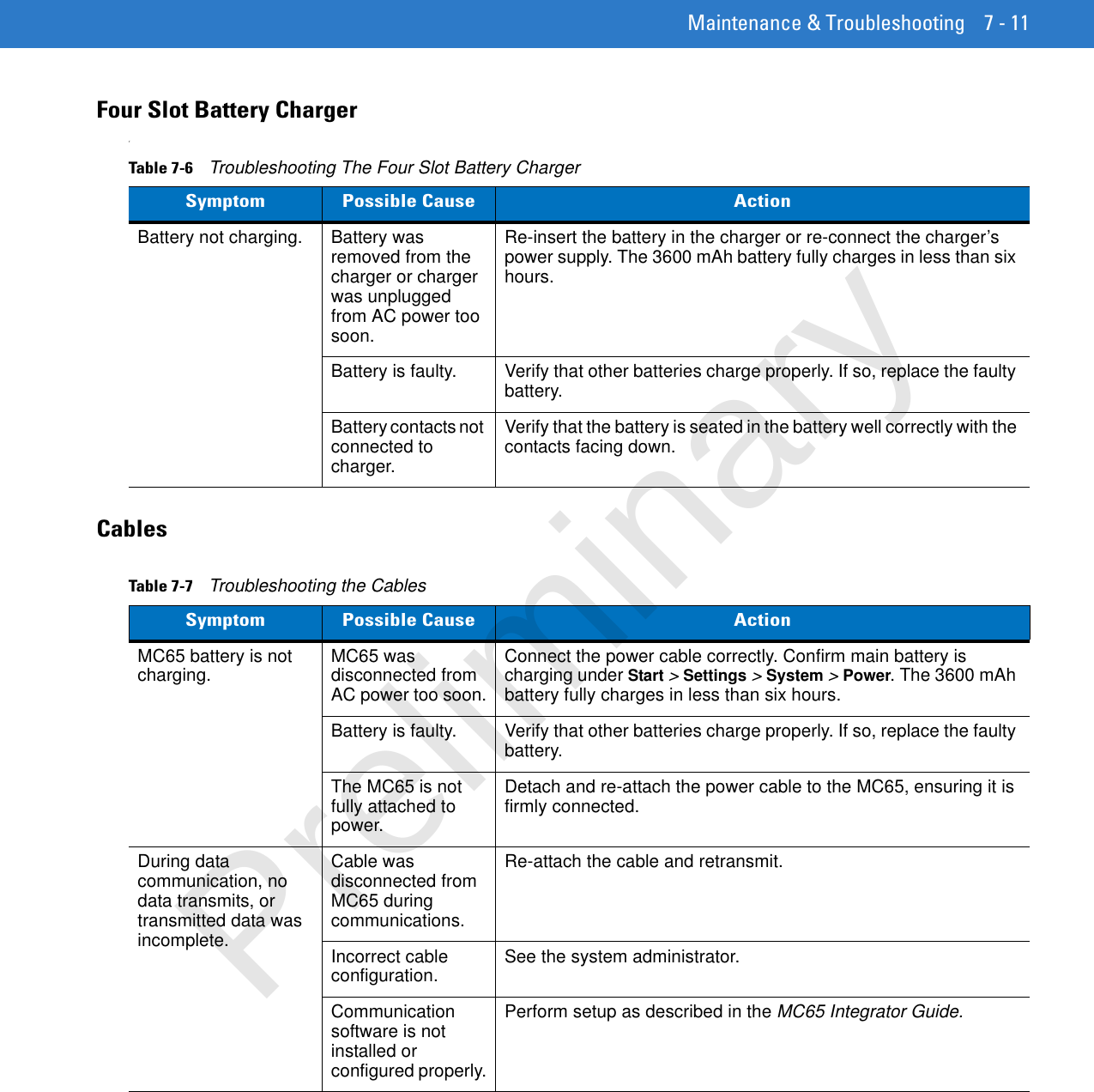 Maintenance &amp; Troubleshooting 7 - 11Four Slot Battery ChargerrCablesTable 7-6    Troubleshooting The Four Slot Battery ChargerSymptom Possible Cause ActionBattery not charging. Battery was removed from the charger or charger was unplugged from AC power too soon.Re-insert the battery in the charger or re-connect the charger’s power supply. The 3600 mAh battery fully charges in less than six hours.Battery is faulty. Verify that other batteries charge properly. If so, replace the faulty battery.Battery contacts not connected to charger.Verify that the battery is seated in the battery well correctly with the contacts facing down.Table 7-7    Troubleshooting the CablesSymptom Possible Cause ActionMC65 battery is not charging. MC65 was disconnected from AC power too soon.Connect the power cable correctly. Confirm main battery is charging under Start &gt; Settings &gt; System &gt; Power. The 3600 mAh battery fully charges in less than six hours.Battery is faulty. Verify that other batteries charge properly. If so, replace the faulty battery.The MC65 is not fully attached to power.Detach and re-attach the power cable to the MC65, ensuring it is firmly connected. During data communication, no data transmits, or transmitted data was incomplete.Cable was disconnected from MC65 during communications.Re-attach the cable and retransmit.Incorrect cable configuration. See the system administrator.Communication software is not installed or configured properly.Perform setup as described in the MC65 Integrator Guide.Preliminary
