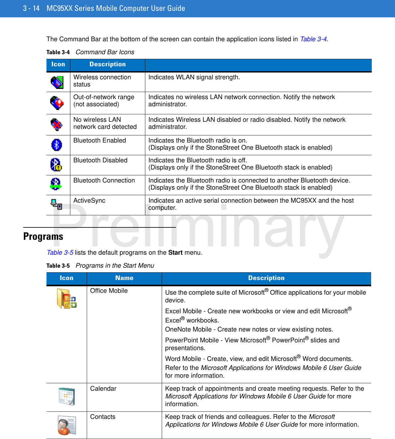 3 - 14 MC95XX Series Mobile Computer User GuideThe Command Bar at the bottom of the screen can contain the application icons listed in Table 3-4.ProgramsTable 3-5 lists the default programs on the Start menu.Table 3-4    Command Bar IconsIcon DescriptionWireless connection status Indicates WLAN signal strength.Out-of-network range (not associated) Indicates no wireless LAN network connection. Notify the network administrator.No wireless LAN network card detected Indicates Wireless LAN disabled or radio disabled. Notify the network administrator.Bluetooth Enabled Indicates the Bluetooth radio is on.(Displays only if the StoneStreet One Bluetooth stack is enabled)Bluetooth Disabled Indicates the Bluetooth radio is off. (Displays only if the StoneStreet One Bluetooth stack is enabled)Bluetooth Connection Indicates the Bluetooth radio is connected to another Bluetooth device.(Displays only if the StoneStreet One Bluetooth stack is enabled)ActiveSync Indicates an active serial connection between the MC95XX and the host computer.Table 3-5    Programs in the Start MenuIcon Name DescriptionOffice Mobile Use the complete suite of Microsoft® Office applications for your mobile device.Excel Mobile - Create new workbooks or view and edit Microsoft® Excel® workbooks.OneNote Mobile - Create new notes or view existing notes.PowerPoint Mobile - View Microsoft® PowerPoint® slides and presentations.Word Mobile - Create, view, and edit Microsoft® Word documents.Refer to the Microsoft Applications for Windows Mobile 6 User Guide for more information.Calendar Keep track of appointments and create meeting requests. Refer to the Microsoft Applications for Windows Mobile 6 User Guide for more information.Contacts Keep track of friends and colleagues. Refer to the Microsoft Applications for Windows Mobile 6 User Guide for more information.Preliminary