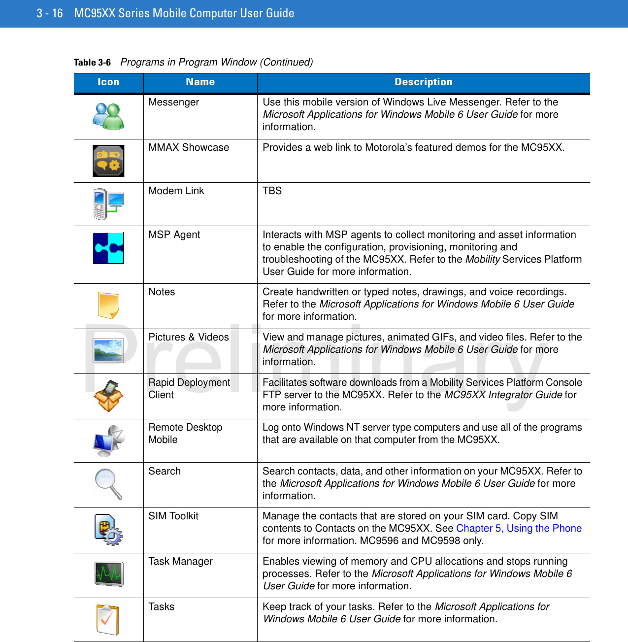 3 - 16 MC95XX Series Mobile Computer User GuideMessenger Use this mobile version of Windows Live Messenger. Refer to the Microsoft Applications for Windows Mobile 6 User Guide for more information.MMAX Showcase Provides a web link to Motorola’s featured demos for the MC95XX.Modem LinkTBSMSP Agent Interacts with MSP agents to collect monitoring and asset information to enable the configuration, provisioning, monitoring and troubleshooting of the MC95XX. Refer to the Mobility Services Platform User Guide for more information.Notes Create handwritten or typed notes, drawings, and voice recordings. Refer to the Microsoft Applications for Windows Mobile 6 User Guide for more information.Pictures &amp; Videos View and manage pictures, animated GIFs, and video files. Refer to the Microsoft Applications for Windows Mobile 6 User Guide for more information.Rapid Deployment Client Facilitates software downloads from a Mobility Services Platform Console FTP server to the MC95XX. Refer to the MC95XX Integrator Guide for more information.Remote Desktop Mobile Log onto Windows NT server type computers and use all of the programs that are available on that computer from the MC95XX.Search Search contacts, data, and other information on your MC95XX. Refer to the Microsoft Applications for Windows Mobile 6 User Guide for more information.SIM Toolkit Manage the contacts that are stored on your SIM card. Copy SIM contents to Contacts on the MC95XX. See Chapter 5, Using the Phone for more information. MC9596 and MC9598 only.Task Manager Enables viewing of memory and CPU allocations and stops running processes. Refer to the Microsoft Applications for Windows Mobile 6 User Guide for more information.Tasks Keep track of your tasks. Refer to the Microsoft Applications for Windows Mobile 6 User Guide for more information.Table 3-6    Programs in Program Window (Continued)Icon Name DescriptionPreliminary