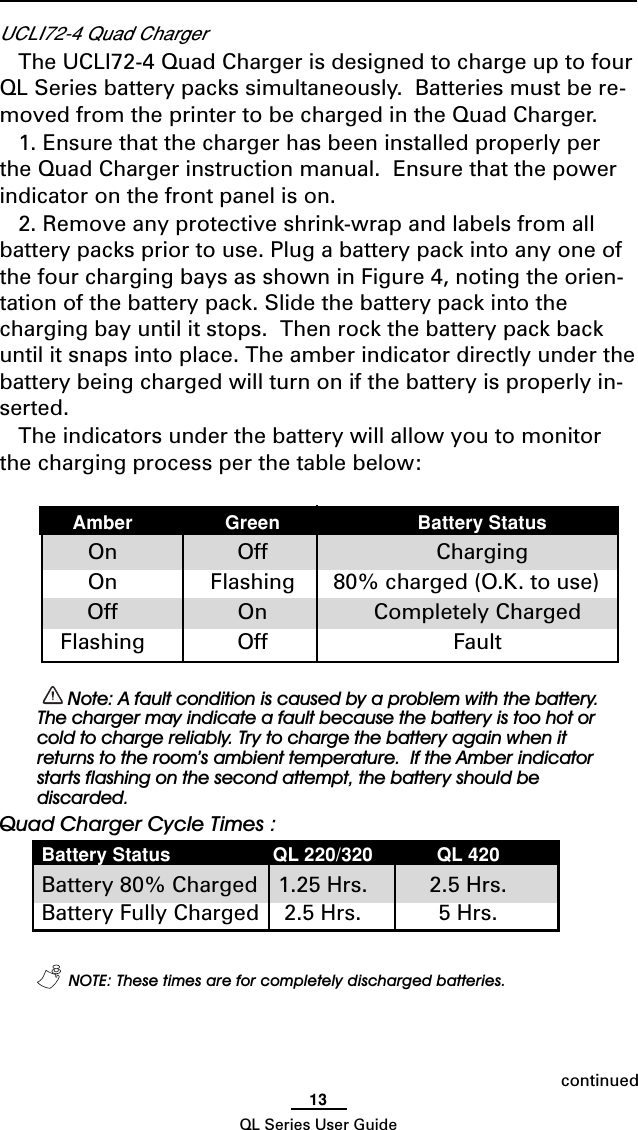 13QL Series User GuideUCLI72-4 Quad ChargerThe UCLI72-4 Quad Charger is designed to charge up to fourQL Series battery packs simultaneously.  Batteries must be re-moved from the printer to be charged in the Quad Charger.1. Ensure that the charger has been installed properly perthe Quad Charger instruction manual.  Ensure that the powerindicator on the front panel is on.2. Remove any protective shrink-wrap and labels from allbattery packs prior to use. Plug a battery pack into any one ofthe four charging bays as shown in Figure 4, noting the orien-tation of the battery pack. Slide the battery pack into thecharging bay until it stops.  Then rock the battery pack backuntil it snaps into place. The amber indicator directly under thebattery being charged will turn on if the battery is properly in-serted.The indicators under the battery will allow you to monitorthe charging process per the table below:Amber Green Battery StatusOn Off ChargingOn Flashing 80% charged (O.K. to use)Off On Completely ChargedFlashing Off Fault Note: A fault condition is caused by a problem with the battery.The charger may indicate a fault because the battery is too hot orcold to charge reliably. Try to charge the battery again when itreturns to the room’s ambient temperature.  If the Amber indicatorstarts flashing on the second attempt, the battery should bediscarded.Quad Charger Cycle Times :Battery Status QL 220/320 QL 420Battery 80% Charged 1.25 Hrs. 2.5 Hrs.Battery Fully Charged 2.5 Hrs. 5 Hrs. NOTE: These times are for completely discharged batteries.continued