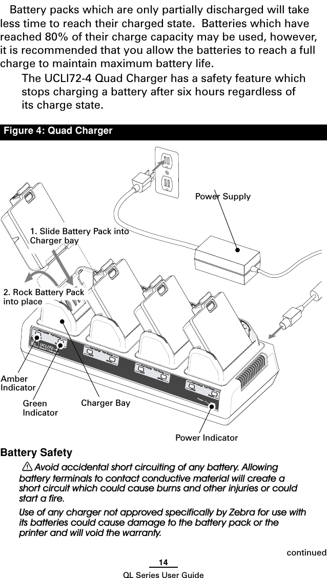14QL Series User GuideBattery packs which are only partially discharged will takeless time to reach their charged state.  Batteries which havereached 80% of their charge capacity may be used, however,it is recommended that you allow the batteries to reach a fullcharge to maintain maximum battery life.The UCLI72-4 Quad Charger has a safety feature whichstops charging a battery after six hours regardless ofits charge state.Battery Safety Avoid accidental short circuiting of any battery. Allowingbattery terminals to contact conductive material will create ashort circuit which could cause burns and other injuries or couldstart a fire.Use of any charger not approved specifically by Zebra for use withits batteries could cause damage to the battery pack or theprinter and will void the warranty.FaultFast ChargeFaultFast ChargeFaultFast ChargeReadyPowerFull ChargeReadyFull ChargeReadyFull ChargeFull ChargeFaultFast ChargeReadycontinuedCharger BayAmberIndicatorGreenIndicatorPower IndicatorPower SupplyFigure 4: Quad Charger1. Slide Battery Pack intoCharger bay2. Rock Battery Packinto place