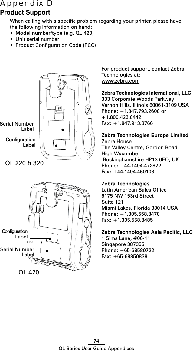 74QL Series User Guide AppendicesProduct SupportWhen calling with a specific problem regarding your printer, please havethe following information on hand:•Model number/type (e.g. QL 420)•Unit serial number•Product Configuration Code (PCC)Appendix DFor product support, contact ZebraTechnologies at:www.zebra.comZebra Technologies International, LLC333 Corporate Woods ParkwayVernon Hills, Illinois 60061-3109 USAPhone: +1.847.793.2600 or+1.800.423.0442Fax: +1.847.913.8766Zebra Technologies Europe LimitedZebra HouseThe Valley Centre, Gordon RoadHigh WycombeBuckinghamshire HP13 6EQ, UKPhone: +44.1494.472872Fax: +44.1494.450103Zebra TechnologiesLatin American Sales Office6175 NW 153rd StreetSuite 121Miami Lakes, Florida 33014 USAPhone: +1.305.558.8470Fax: +1.305.558.8485Zebra Technologies Asia Pacific, LLC1 Sims Lane, #06-11Singapore 387355Phone: +65-68580722Fax: +65-68850838Serial NumberLabelSerial NumberLabelConfigurationLabelQL 220 &amp; 320QL 420ConfigurationLabel