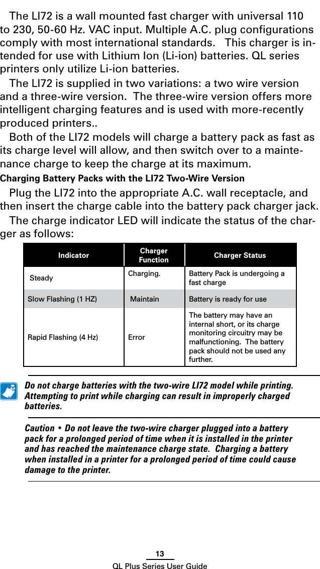 13QL Plus Series User GuideThe LI72 is a wall mounted fast charger with universal 110 to 230, 50-60 Hz. VAC input. Multiple A.C. plug conﬁgurations comply with most international standards.   This charger is in-tended for use with Lithium Ion (Li-ion) batteries. QL series printers only utilize Li-ion batteries.The LI72 is supplied in two variations: a two wire version and a three-wire version.  The three-wire version offers more intelligent charging features and is used with more-recently produced printers..Both of the LI72 models will charge a battery pack as fast as its charge level will allow, and then switch over to a mainte-nance charge to keep the charge at its maximum.Charging Battery Packs with the LI72 Two-Wire VersionPlug the LI72 into the appropriate A.C. wall receptacle, and then insert the charge cable into the battery pack charger jack.The charge indicator LED will indicate the status of the char-ger as follows:Indicator Charger Function Charger StatusSteady  Charging. Battery Pack is undergoing a fast chargeSlow Flashing (1 HZ) Maintain Battery is ready for useRapid Flashing (4 Hz) ErrorThe battery may have an internal short, or its charge monitoring circuitry may be malfunctioning.  The battery pack should not be used any further. Donotchargebatterieswiththetwo-wireLI72modelwhileprinting.Attemptingtoprintwhilechargingcanresultinimproperlychargedbatteries. Caution•Donotleavethetwo-wirechargerpluggedintoabatterypackforaprolongedperiodoftimewhenitisinstalledintheprinterandhasreachedthemaintenancechargestate.Chargingabatterywheninstalledinaprinterforaprolongedperiodoftimecouldcausedamagetotheprinter.