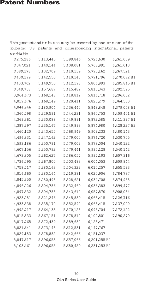 70QLn Series User GuideD 275,286D 347,021D 389,178D 430,199D 433,702D 549,768 3,964,6734,019,6764,044,9464,360,7984,369,3614,387,2974,460,1204,496,8314,593,1864,607,1564,673,8054,736,0954,758,7174,816,6604,845,3504,896,0264,897,5324,923,2814,933,5384,992,7175,015,8335,017,7655,021,6415,029,1835,047,6175,103,4615,113,4455,140,1445,132,7095,142,5505,149,9505,157,6875,168,1485,168,1495,180,9045,229,5915,230,0885,235,1675,243,6555,247,1625,250,7915,250,7925,262,6275,267,8005,280,1635,280,1645,280,4985,304,7865,304,7885,321,2465,335,1705,364,1335,367,1515,372,4395,373,1485,378,8825,396,0535,396,0555,399,8465,408,0815,410,1395,410,1405,412,1985,415,4825,418,8125,420,4115,436,4405,444,2315,449,8915,449,8935,468,9495,479,0005,479,0025,479,4415,486,0575,503,4835,504,3225.519,3815,528,6215,532,4695,543,6105,545,8895,552,5925,570,1235,578,8105,589,6805,612,5315,642,6665,657,0665,680,4595,726,6305,768,9915,790,1625,791,7965,806,9935,813,3435,816,7185,820,2795,848,8485,860,7535,872,5855,874,9805,909,2335,976,7205,978,0045,995,1285,997,1936,004,0536,010,2576,020,9066,034,7086,036,3836,057,8706,068,4156,068,4156,095,7046,109,8016,123,4716,147,7676,151,0376,201,255 B16,231,253 B16,261,0096,261,0136,267,5216,270,072 B16,285,845 B16,292,5956,296,0326,364,5506,379,058 B16,409,401 B16,411,397 B16,428,227 B26,480,1436,530,7056,540,1226,540,1426,607,3166,609,8446,655,5936,784,7876,874,9586,899,4776,908,0347,126,7167,137,0007,172,1227,190,270This product and/or its use m ay be covered by one or m ore of the follow ing  U S  patents  and  corresponding  international  patents w orldw idePatent Numbers