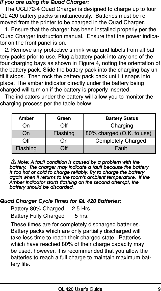 QL 420 User’s Guide 9If you are using the Quad Charger:The UCLI72-4 Quad Charger is designed to charge up to fourQL 420 battery packs simultaneously.  Batteries must be re-moved from the printer to be charged in the Quad Charger.1. Ensure that the charger has been installed properly per theQuad Charger instruction manual.  Ensure that the power indica-tor on the front panel is on.2. Remove any protective shrink-wrap and labels from all bat-tery packs prior to use. Plug a battery pack into any one of thefour charging bays as shown in Figure 4, noting the orientation ofthe battery pack. Slide the battery pack into the charging bay un-til it stops.  Then rock the battery pack back until it snaps intoplace. The amber indicator directly under the battery beingcharged will turn on if the battery is properly inserted.The indicators under the battery will allow you to monitor thecharging process per the table below:Amber Green Battery StatusOn Off ChargingOn Flashing 80% charged (O.K. to use)Off On Completely ChargedFlashing Off Fault Note: A fault condition is caused by a problem with thebattery.  The charger may indicate a fault because the batteryis too hot or cold to charge reliably. Try to charge the batteryagain when it returns to the room’s ambient temperature.  If theAmber indicator starts flashing on the second attempt, thebattery should be discarded.Quad Charger Cycle Times for QL 420 Batteries:Battery 80% Charged 2.5 Hrs.Battery Fully Charged 5 hrs.These times are for completely discharged batteries.Battery packs which are only partially discharged willtake less time to reach their charged state.  Batterieswhich have reached 80% of their charge capacity maybe used, however, it is recommended that you allow thebatteries to reach a full charge to maintain maximum bat-tery life.