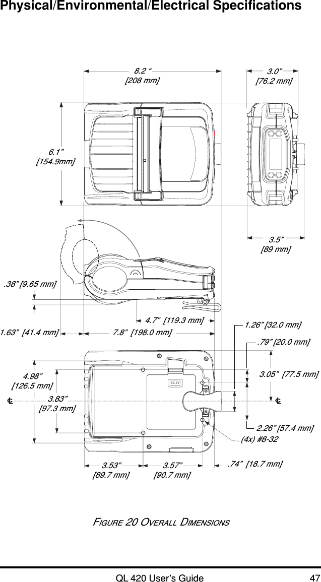 QL 420 User’s Guide 47Physical/Environmental/Electrical SpecificationsFIGURE 20 OVERALL DIMENSIONS3.0”[76.2 mm]3.5”[89 mm]7.8”  [198.0 mm]6.1”[154.9mm]4.7”  [119.3 mm]3.83”[97.3 mm]3.53”[89.7 mm]3.57”[90.7 mm].74”  [18.7 mm](4x) #8-322.26” [57.4 mm]3.05”  [77.5 mm].79” [20.0 mm]1.26” [32.0 mm]8.2 “[208 mm]4.98”[126.5 mm]1.63”  [41.4 mm].38” [9.65 mm]