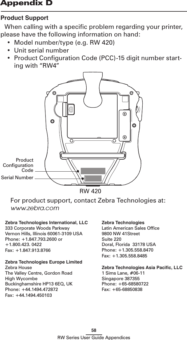 58RW Series User Guide AppendicesAppendix DProduct SupportWhen calling with a speciﬁc problem regarding your printer, please have the following information on hand:•  Model number/type (e.g. RW 420)•  Unit serial number•  Product Conﬁguration Code (PCC)-15 digit number start-ing with “RW4”Zebra Technologies International, LLC333 Corporate Woods ParkwayVernon Hills, Illinois 60061-3109 USAPhone: +1.847.793.2600 or+1.800.423. 0422Fax: +1.847.913.8766 Zebra Technologies Europe LimitedZebra HouseThe Valley Centre, Gordon RoadHigh WycombeBuckinghamshire HP13 6EQ, UKPhone: +44.1494.472872Fax: +44.1494.450103 Zebra TechnologiesLatin American Sales Ofﬁce9800 NW 41StreetSuite 220Doral, Florida  33178 USAPhone: +1.305.558.8470Fax: +1.305.558.8485 Zebra Technologies Asia Paciﬁc, LLC 1 Sims Lane, #06-11Singapore 387355Phone: +65-68580722Fax: +65-68850838  For product support, contact Zebra Technologies at:     www.zebra.comSerial Number Product Conﬁguration CodeRW 420 