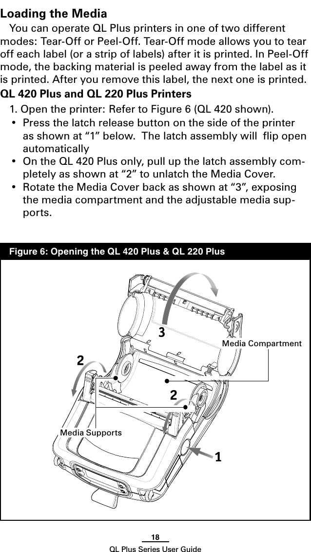 18QL Plus Series User GuideLoading the MediaYoucanoperateQLPlusprintersinoneoftwodifferentmodes: Tear-Off or Peel-Off. Tear-Off mode allows you to tear off each label (or a strip of labels) after it is printed. In Peel-Off mode, the backing material is peeled away from the label as it is printed. After you remove this label, the next one is printed.QL 420 Plus and QL 220 Plus Printers1. Open the printer: Refer to Figure 6 (QL 420 shown).  • Pressthelatchreleasebuttononthesideoftheprinteras shown at “1” below.  The latch assembly will  ﬂip open automatically• OntheQL420Plusonly,pullupthelatchassemblycom-pletely as shown at “2” to unlatch the Media Cover.• RotatetheMediaCoverbackasshownat“3”,exposingthe media compartment and the adjustable media sup-ports.Media Supports  Figure 6: Opening the QL 420 Plus &amp; QL 220 PlusMedia Compartment