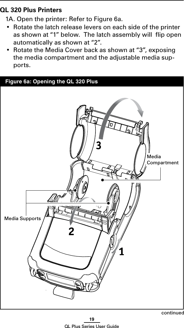 19QL Plus Series User GuideQL 320 Plus Printers1A. Open the printer: Refer to Figure 6a.  • Rotatethelatchreleaseleversoneachsideoftheprinteras shown at “1” below.  The latch assembly will  ﬂip open automatically as shown at “2”.• RotatetheMediaCoverbackasshownat“3”,exposingthe media compartment and the adjustable media sup-ports.continuedMediaCompartment  Figure 6a: Opening the QL 320 PlusMedia Supports