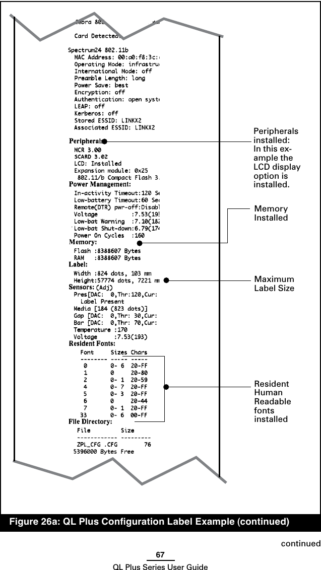 67QL Plus Series User Guidecontinued  Figure 26a: QL Plus Conguration Label Example (continued)Memory InstalledMaximum Label Size Resident Human Readable fonts installedPeripherals installed:  In this ex-ample the LCD display option is installed.