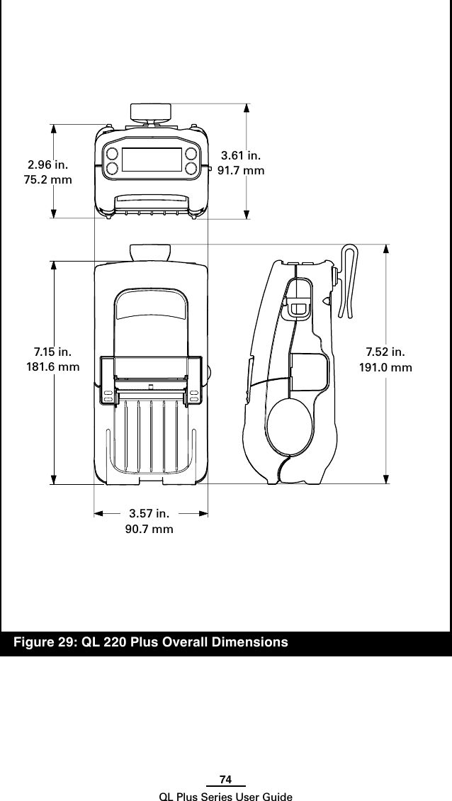 74QL Plus Series User Guide  Figure 29: QL 220 Plus Overall Dimensions2.96 in.75.2 mm3.61 in.91.7 mm7.15 in.181.6 mm3.57 in.90.7 mm7.52 in.191.0 mm