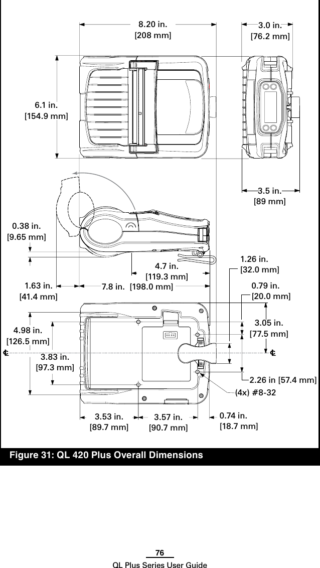 76QL Plus Series User Guide  Figure 31: QL 420 Plus Overall Dimensions0.74 in.[18.7 mm]2.26 in [57.4 mm]3.05 in.[77.5 mm]3.57 in. [90.7 mm]3.53 in. [89.7 mm]3.83 in. [97.3 mm]4.7 in.[119.3 mm]4.98 in. [126.5 mm]6.1 in. [154.9 mm]7.8 in.  [198.0 mm]3.5 in. [89 mm]3.0 in. [76.2 mm]8.20 in.[208 mm](4x) #8-320.79 in.[20.0 mm]1.26 in. [32.0 mm]1.63 in.[41.4 mm]0.38 in.[9.65 mm]