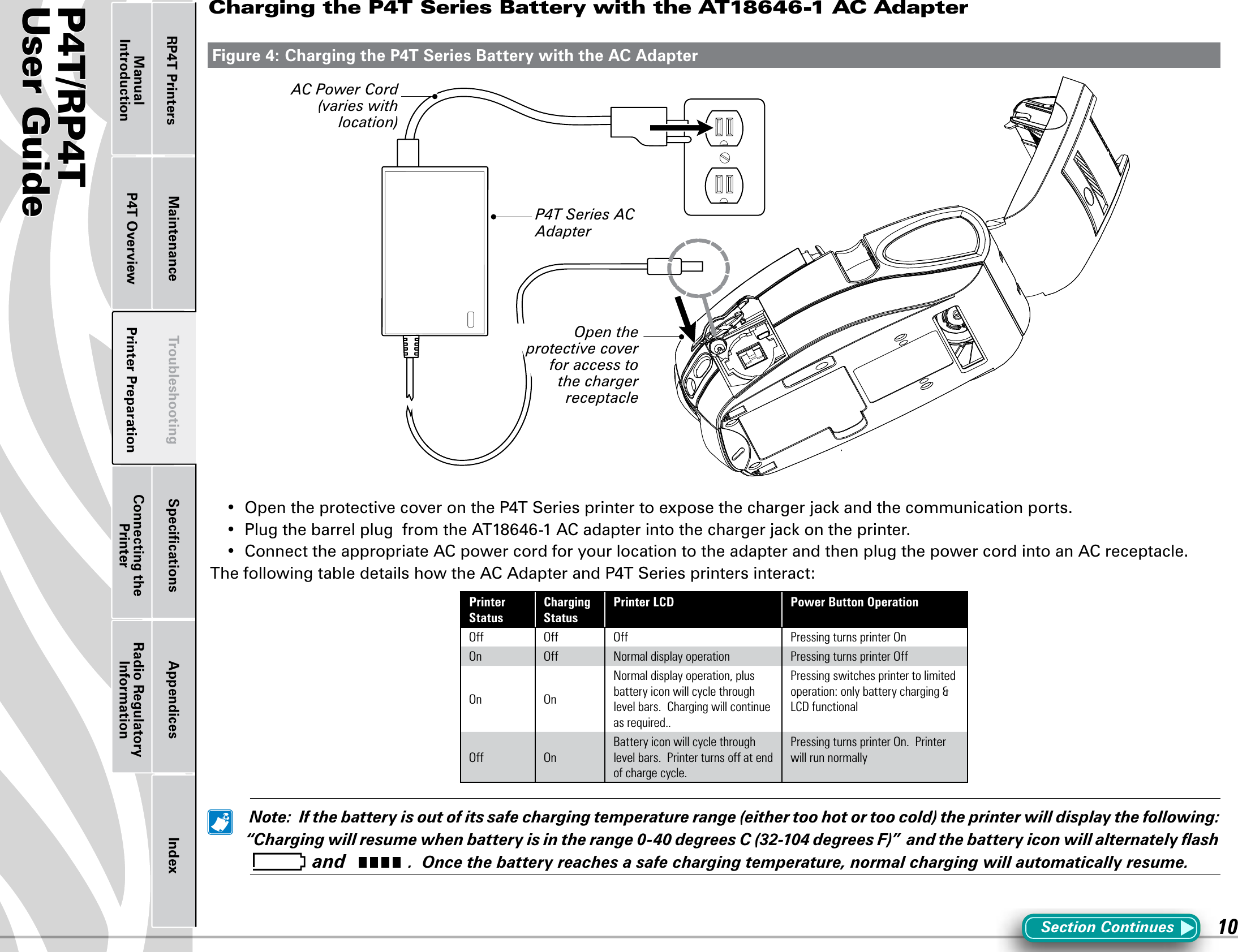 P4T/RP4TUser Guide 10Printer Preparation Connecting the PrinterRadio Regulatory InformationRP4T Printers Maintenance Troubleshooting Speciﬁcations Appendices IndexP4T OverviewManual IntroductionCharging the P4T Series Battery with the AT18646-1 AC AdapterFigure 4: Charging the P4T Series Battery with the AC AdapterSection Continues• OpentheprotectivecoverontheP4TSeriesprintertoexposethechargerjackandthecommunicationports.• PlugthebarrelplugfromtheAT18646-1ACadapterintothechargerjackontheprinter.• ConnecttheappropriateACpowercordforyourlocationtotheadapterandthenplugthepowercordintoanACreceptacle.ThefollowingtabledetailshowtheACAdapterandP4TSeriesprintersinteract:Printer StatusCharging StatusPrinter LCD Power Button OperationOff Off Off Pressing turns printer OnOn Off Normal display operation Pressing turns printer OffOn OnNormal display operation, plus battery icon will cycle through level bars.  Charging will continue as required..Pressing switches printer to limited operation: only battery charging &amp; LCD functionalOff OnBattery icon will cycle through level bars.  Printer turns off at end of charge cycle.Pressing turns printer On.  Printer will run normally Note:Ifthebatteryisoutofitssafechargingtemperaturerange(eithertoohotortoocold)theprinterwilldisplaythefollowing:“Chargingwillresumewhenbatteryisintherange0-40degreesC(32-104degreesF)”andthebatteryiconwillalternatelyash and .Oncethebatteryreachesasafechargingtemperature,normalchargingwillautomaticallyresume.P4T Series AC Adapterp/n AT18646-1 Open the protective cover for access to the charger receptacleAC Power Cord (varies with location) 