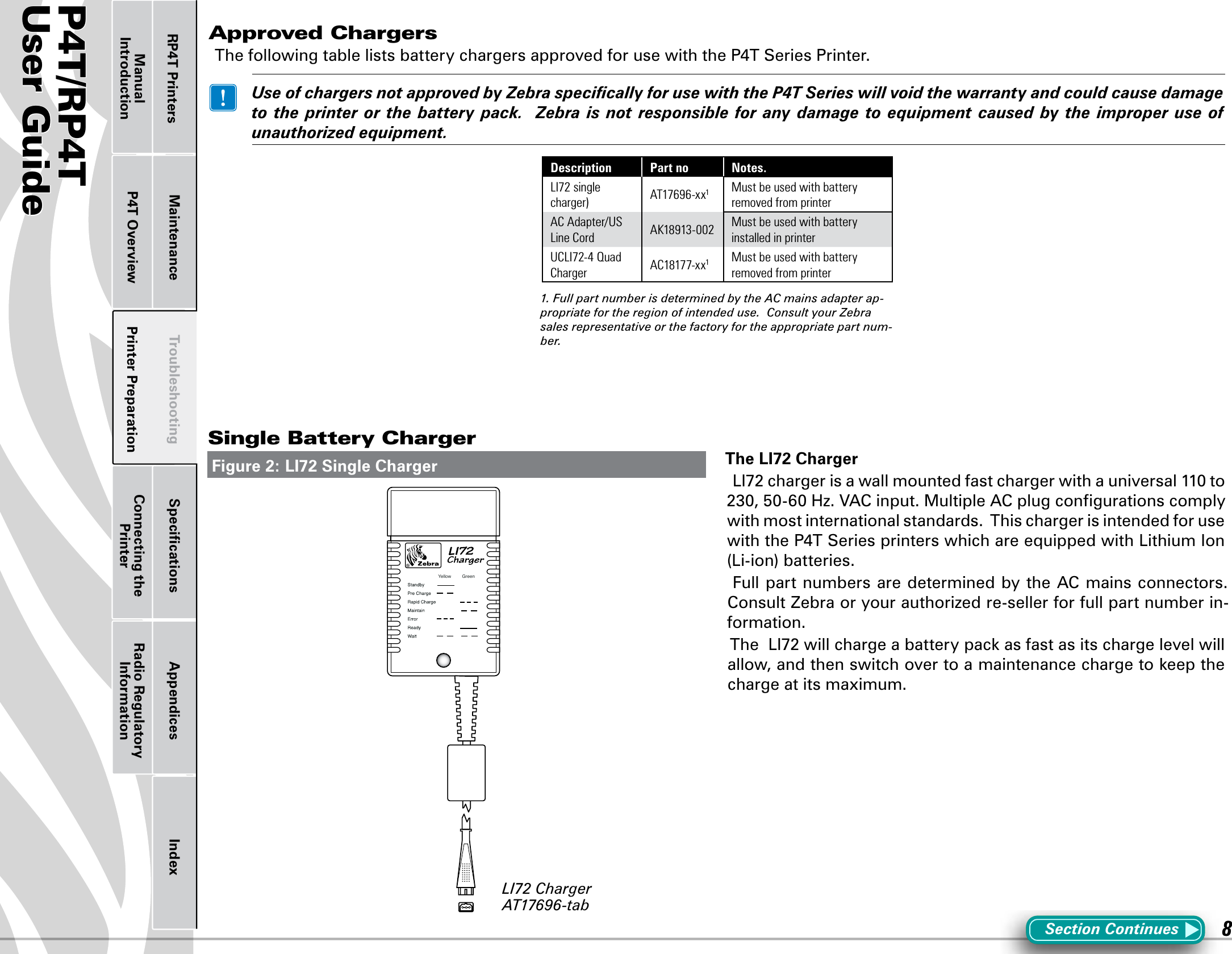 P4T/RP4TUser Guide 8Printer Preparation Connecting the PrinterRadio Regulatory InformationRP4T Printers Maintenance Troubleshooting Speciﬁcations Appendices IndexP4T OverviewManual IntroductionSection ContinuesApproved ChargersThefollowingtablelistsbatterychargersapprovedforusewiththeP4TSeriesPrinter. UseofchargersnotapprovedbyZebraspecicallyforusewiththeP4TSerieswillvoidthewarrantyandcouldcausedamagetotheprinterorthebattery pack.Zebraisnotresponsibleforanydamagetoequipmentcausedbytheimproperuse ofunauthorizedequipment.Description Part no Notes.LI72 single charger) AT17696-xx1Must be used with battery  removed from printerAC Adapter/US Line Cord AK18913-002 Must be used with battery installed in printerUCLI72-4 Quad Charger AC18177-xx1Must be used with battery  removed from printer1. Full part number is determined by the AC mains adapter ap-propriate for the region of intended use.  Consult your Zebra sales representative or the factory for the appropriate part num-ber.Single Battery ChargerThe LI72 ChargerLI72chargerisawallmountedfastchargerwithauniversal110to230,50-60Hz.VACinput.MultipleACplugcongurationscomplywith most international standards.  This charger is intended for use withtheP4TSeriesprinterswhichareequippedwithLithiumIon(Li-ion)batteries.Full part numbers are determined by the AC mains connectors.  Consult Zebra or your authorized re-seller for full part number in-formation.TheLI72willchargeabatterypackasfastasitschargelevelwillallow,andthenswitchovertoamaintenancechargetokeepthecharge at its maximum.Ye llow  GreenFigure 2: LI72 Single ChargerLI72 Charger AT17696 -tab