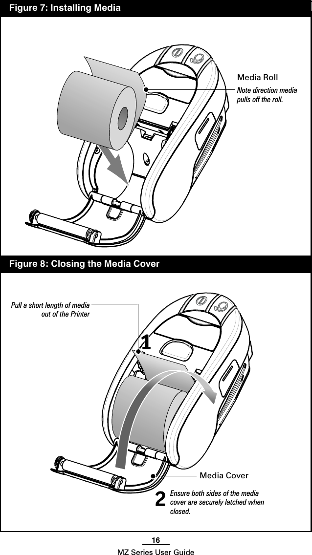 16MZ Series User Guide  Figure 7: Installing MediaMedia RollNote direction media pulls off the roll.Media CoverPull a short length of media  out of the Printer  Figure 8: Closing the Media CoverEnsure both sides of the media cover are securely latched when closed.