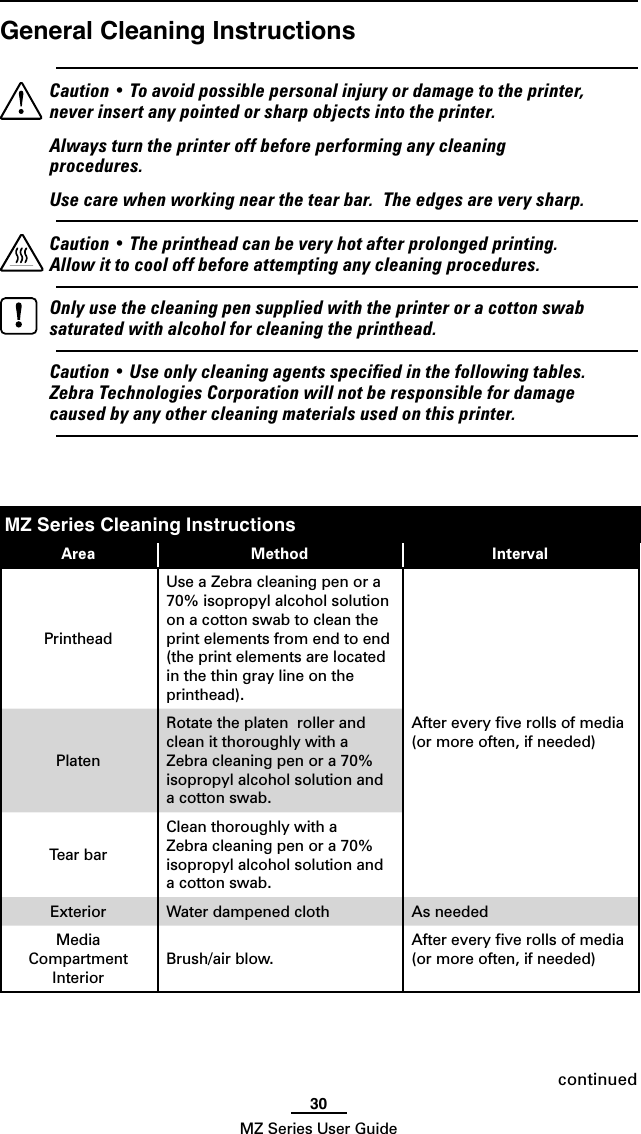 30MZ Series User GuideGeneral Cleaning Instructions  Caution • To avoid possible personal injury or damage to the printer, never insert any pointed or sharp objects into the printer.  Always turn the printer off before performing any cleaning procedures.   Use care when working near the tear bar.  The edges are very sharp. Caution • The printhead can be very hot after prolonged printing.  Allow it to cool off before attempting any cleaning procedures.  Only use the cleaning pen supplied with the printer or a cotton swab saturated with alcohol for cleaning the printhead.  Caution • Use only cleaning agents speciﬁed in the following tables. Zebra Technologies Corporation will not be responsible for damage caused by any other cleaning materials used on this printer.continuedArea Method IntervalPrintheadUse a Zebra cleaning pen or a 70% isopropyl alcohol solution on a cotton swab to clean the print elements from end to end (the print elements are located in the thin gray line on the printhead). After every ﬁve rolls of media (or more often, if needed)PlatenRotate the platen  roller and clean it thoroughly with a Zebra cleaning pen or a 70% isopropyl alcohol solution and a cotton swab.Tear barClean thoroughly with a Zebra cleaning pen or a 70% isopropyl alcohol solution and a cotton swab.Exterior  Water dampened cloth As neededMedia Compartment InteriorBrush/air blow.After every ﬁve rolls of media (or more often, if needed)MZ Series Cleaning Instructions