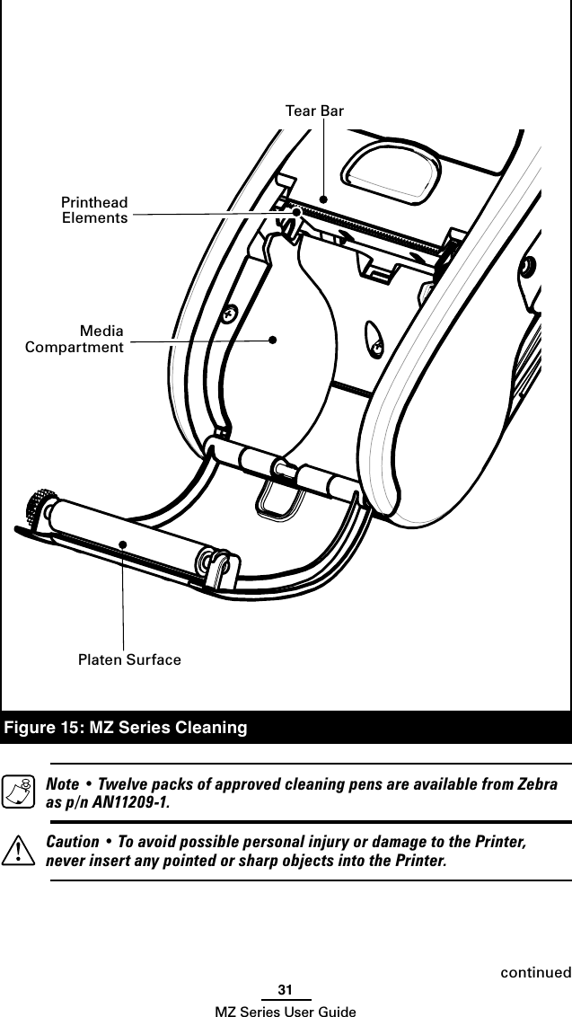 31MZ Series User GuidecontinuedFigure 15: MZ Series CleaningTear BarPrinthead ElementsPlaten SurfaceMedia Compartment  Note • Twelve packs of approved cleaning pens are available from Zebra as p/n AN11209-1.  Caution • To avoid possible personal injury or damage to the Printer, never insert any pointed or sharp objects into the Printer.