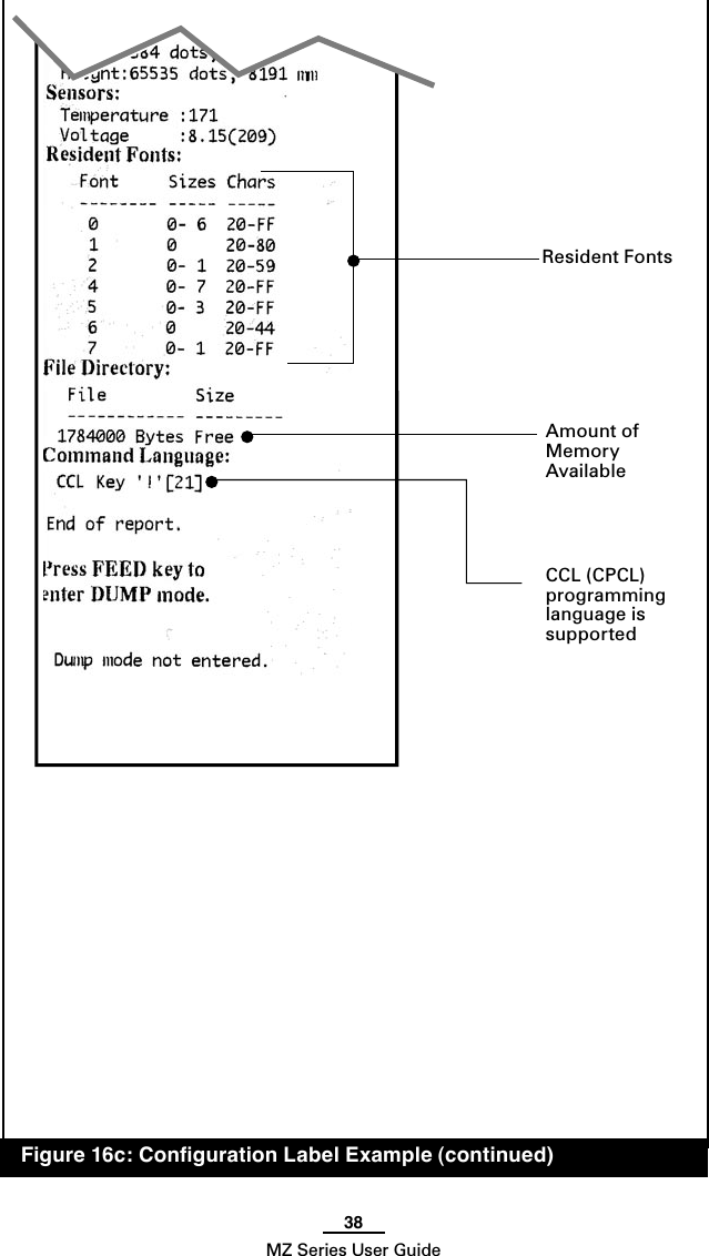 38MZ Series User Guide  Figure 16c: Conﬁguration Label Example (continued)Amount of Memory AvailableResident Fonts CCL (CPCL) programming language is supported