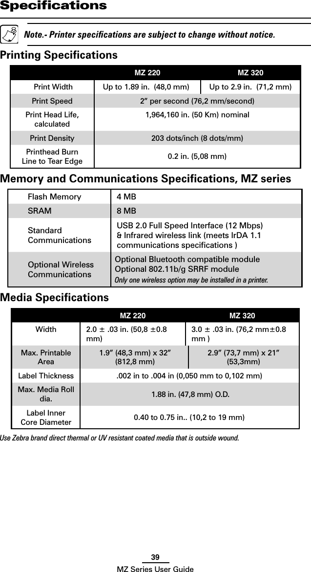 39MZ Series User GuideSpeciﬁcations  Note.- Printer speciﬁcations are subject to change without notice.Printing Speciﬁcations MZ 220 MZ 320Print Width Up to 1.89 in.  (48,0 mm) Up to 2.9 in.  (71,2 mm)Print Speed 2” per second (76,2 mm/second)Print Head Life, calculated1,964,160 in. (50 Km) nominalPrint Density 203 dots/inch (8 dots/mm)Printhead Burn Line to Tear Edge 0.2 in. (5,08 mm)Memory and Communications Speciﬁcations, MZ seriesFlash Memory 4 MB SRAM  8 MBStandard Communications USB 2.0 Full Speed Interface (12 Mbps) &amp; Infrared wireless link (meets IrDA 1.1 communications speciﬁcations )Optional Wireless CommunicationsOptional Bluetooth compatible moduleOptional 802.11b/g SRRF moduleOnly one wireless option may be installed in a printer. Media SpeciﬁcationsMZ 220 MZ 320Width 2.0 ± .03 in. (50,8 ±0.8 mm)3.0 ± .03 in. (76,2 mm±0.8 mm )Max. Printable Area1.9” (48,3 mm) x 32” (812,8 mm)2.9” (73,7 mm) x 21” (53,3mm)Label Thickness .002 in to .004 in (0,050 mm to 0,102 mm)Max. Media Roll dia.  1.88 in. (47,8 mm) O.D.Label Inner Core Diameter 0.40 to 0.75 in.. (10,2 to 19 mm)Use Zebra brand direct thermal or UV resistant coated media that is outside wound. 