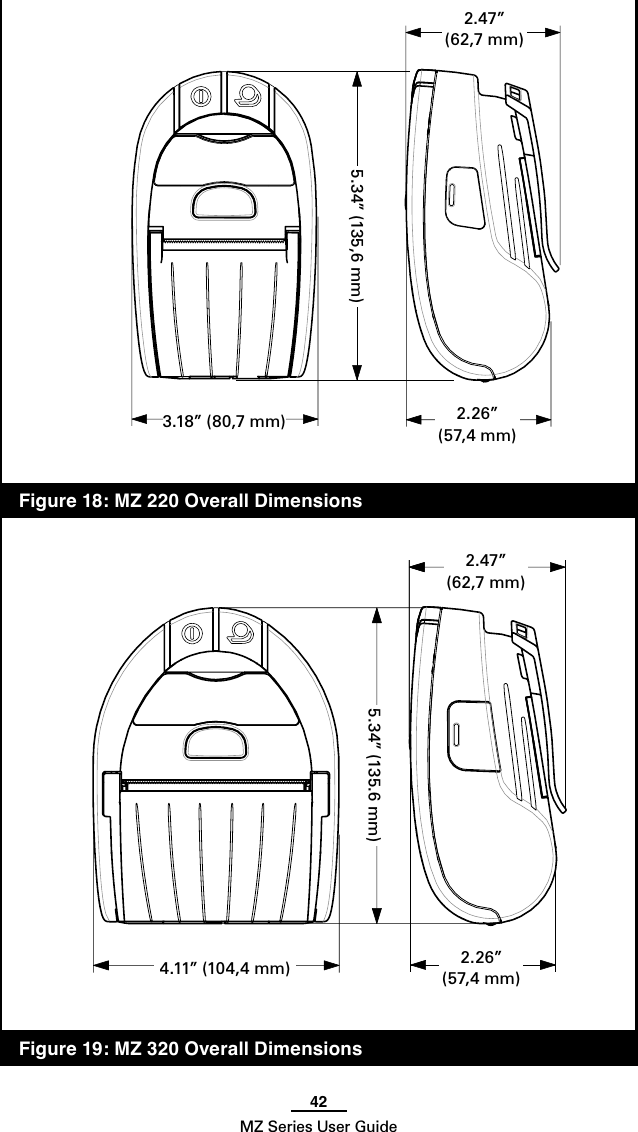 42MZ Series User Guide  Figure 18: MZ 220 Overall Dimensions  Figure 19: MZ 320 Overall Dimensions5.34” (135,6 mm)3.18” (80,7 mm) 2.26”(57,4 mm)2.47”(62,7 mm)5.34” (135.6 mm)2.26”(57,4 mm)2.47”(62,7 mm)4.11” (104,4 mm)