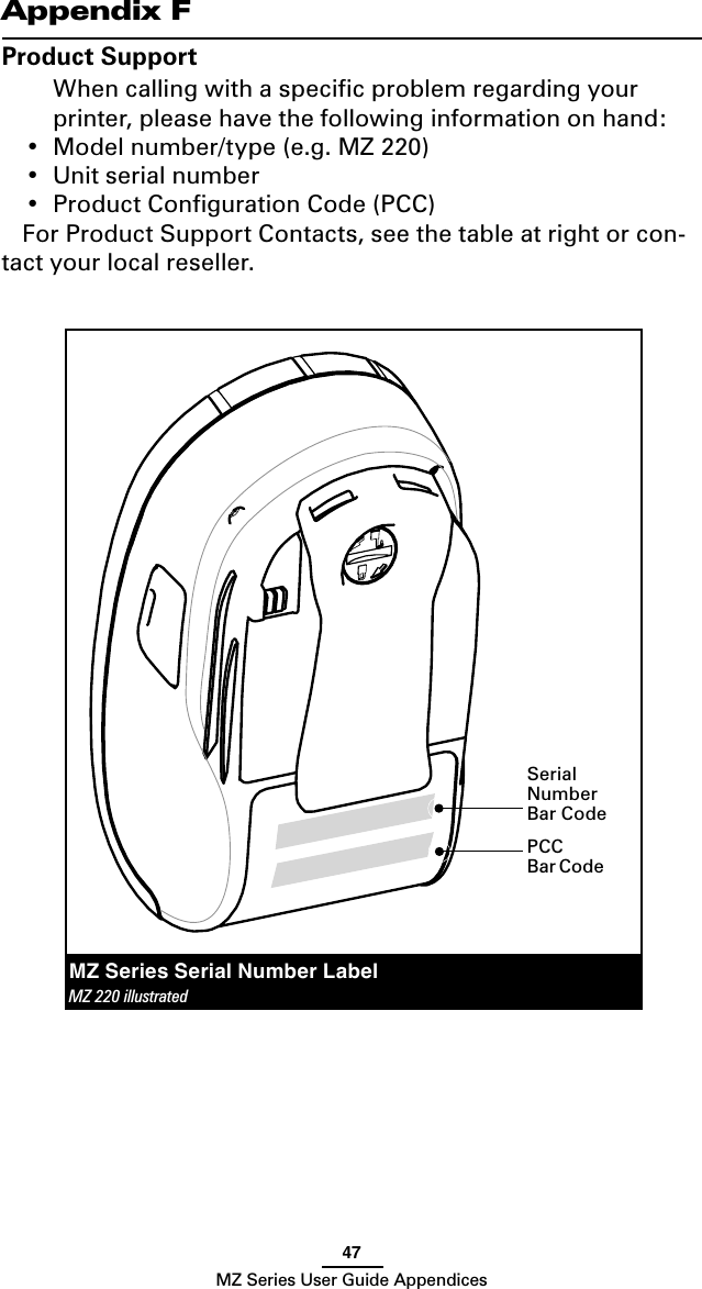 47MZ Series User Guide AppendicesAppendix FProduct Support  When calling with a speciﬁc problem regarding your printer, please have the following information on hand:•  Model number/type (e.g. MZ 220)•  Unit serial number•  Product Conﬁguration Code (PCC)For Product Support Contacts, see the table at right or con-tact your local reseller.MZ Series Serial Number LabelMZ 220 illustrated Serial Number Bar CodePCC Bar Code