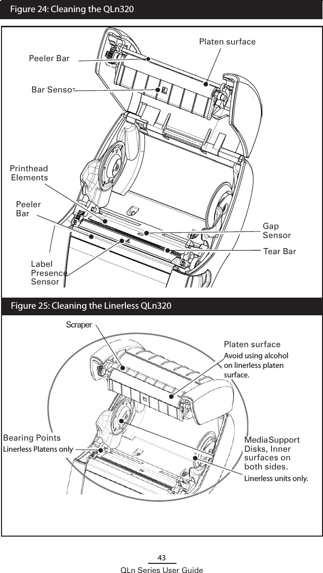 43QLn Series User Guide  Figure 24: Cleaning the QLn320 Printhead ElementsPeeler Bar Platen surfaceAvoid using alcohol on linerless platen surface.Tear BarLabel Presence SensorBar SensorGap SensorMedia Support Disks, Inner surfaces on both sides.Linerless units only.Platen surfacePeeler  Bar  Figure 25: Cleaning the Linerless QLn320 Bearing PointsLinerless Platens onlyScraper