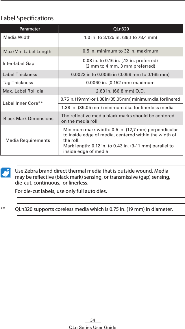 54QLn Series User GuideLabel SpecicationsParameter QLn320Media Width 1.0 in. to 3.125 in. (38,1 to 78,4 mm)Max/Min Label Length  0.5 in. minimum to 32 in. maximumInter-label Gap. 0.08 in. to 0.16 in. (.12 in. preferred)(2 mm to 4 mm, 3 mm preferred)Label Thickness 0.0023 in to 0.0065 in (0.058 mm to 0.165 mm)Tag Thickness 0.0060 in. (0.152 mm) maximumMax. Label Roll dia. 2.63 in. (66,8 mm) O.D.Label Inner Core** 0.75 in. (19 mm) or 1.38 in (35,05 mm) minimum dia. for linered 1.38 in. (35,05 mm) minimum dia. for linerless mediaBlack Mark Dimensions The reflective media black marks should be centered on the media roll.Media RequirementsMinimum mark width: 0.5 in. (12,7 mm) perpendicular to inside edge of media, centered within the width of the roll. Mark length: 0.12 in. to 0.43 in. (3-11 mm) parallel to inside edge of media  Use Zebra brand direct thermal media that is outside wound. Media may be reective (black mark) sensing, or transmissive (gap) sensing, die-cut, continuous,  or linerless.   For die-cut labels, use only full auto dies.**   QLn320 supports coreless media which is 0.75 in. (19 mm) in diameter.