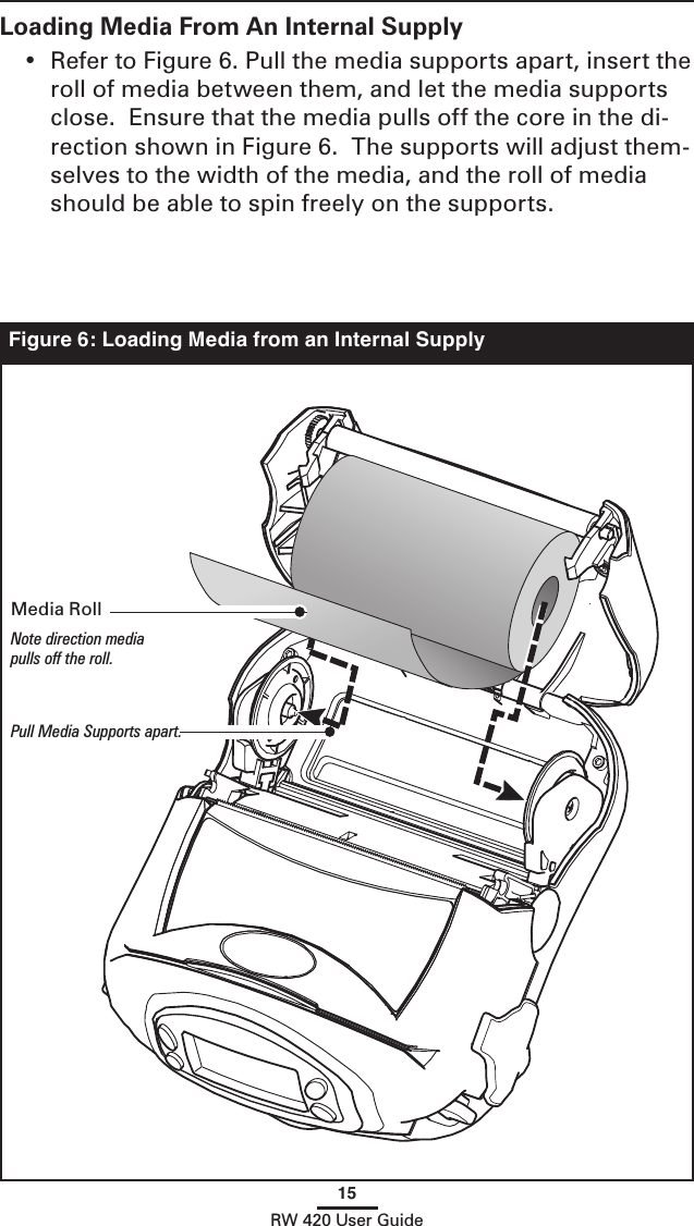 15RW 420 User GuideLoading Media From An Internal Supply•  Refer to Figure 6. Pull the media supports apart, insert the roll of media between them, and let the media supports close.  Ensure that the media pulls off the core in the di-rection shown in Figure 6.  The supports will adjust them-selves to the width of the media, and the roll of media should be able to spin freely on the supports.Figure 6: Loading Media from an Internal SupplyMedia RollNote direction media pulls off the roll.Pull Media Supports apart. 