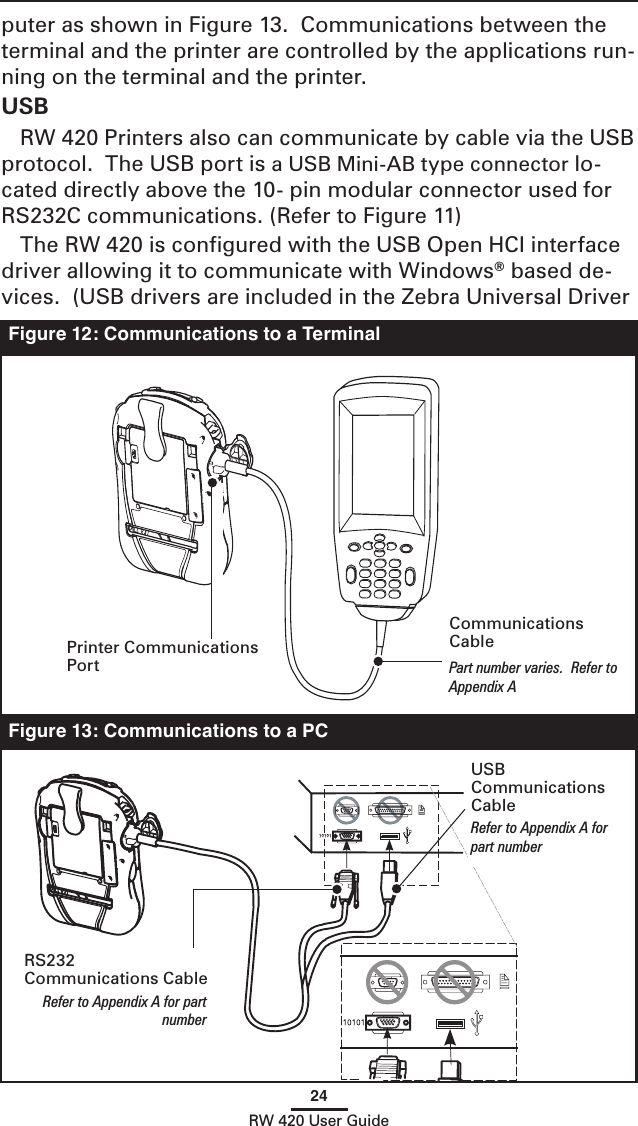 24RW 420 User Guideputer as shown in Figure 13.  Communications between the terminal and the printer are controlled by the applications run-ning on the terminal and the printer.USB RW 420 Printers also can communicate by cable via the USB protocol.  The USB port is a USB Mini-AB type connector lo-cated directly above the 10- pin modular connector used for RS232C communications. (Refer to Figure 11)The RW 420 is conﬁgured with the USB Open HCI interface driver allowing it to communicate with Windows® based de-vices.  (USB drivers are included in the Zebra Universal Driver Figure 12: Communications to a TerminalFigure 13: Communications to a PCCommunications CablePart number varies.  Refer to Appendix APrinter Communications PortRS232 Communications CableRefer to Appendix A for part numberUSB Communications CableRefer to Appendix A for part number
