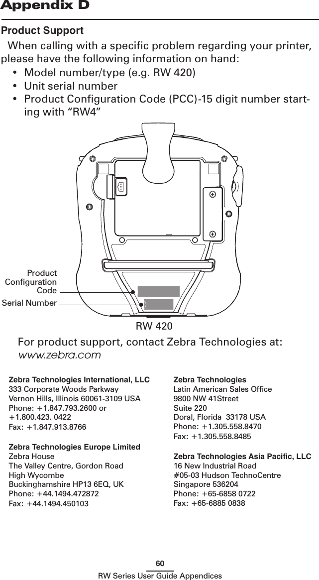 60RW Series User Guide AppendicesAppendix DProduct SupportWhen calling with a speciﬁc problem regarding your printer, please have the following information on hand:•  Model number/type (e.g. RW 420)•  Unit serial number•  Product Conﬁguration Code (PCC)-15 digit number start-ing with “RW4”Zebra Technologies International, LLC333 Corporate Woods ParkwayVernon Hills, Illinois 60061-3109 USAPhone: +1.847.793.2600 or+1.800.423. 0422Fax: +1.847.913.8766 Zebra Technologies Europe LimitedZebra HouseThe Valley Centre, Gordon RoadHigh WycombeBuckinghamshire HP13 6EQ, UKPhone: +44.1494.472872Fax: +44.1494.450103 Zebra TechnologiesLatin American Sales Ofﬁce9800 NW 41StreetSuite 220Doral, Florida  33178 USAPhone: +1.305.558.8470Fax: +1.305.558.8485 Zebra Technologies Asia Paciﬁc, LLC 16 New Industrial Road#05-03 Hudson TechnoCentreSingapore 536204Phone: +65-6858 0722Fax: +65-6885 0838  For product support, contact Zebra Technologies at:     www.zebra.comSerial Number Product Conﬁguration CodeRW 420 