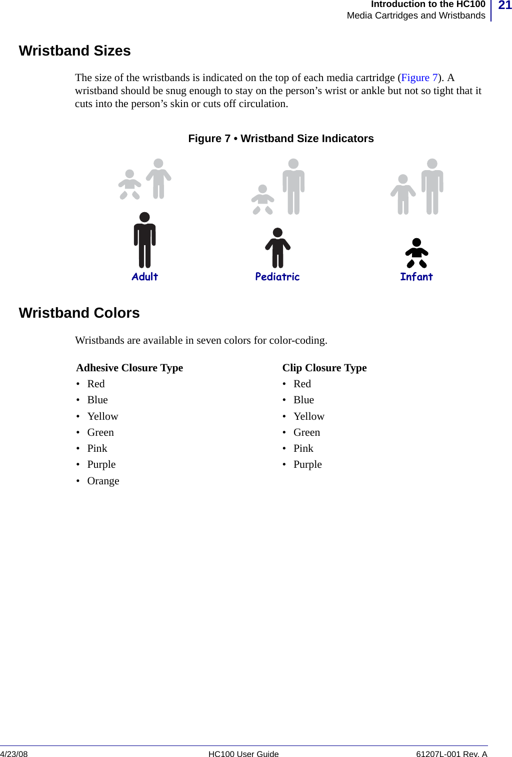 21Introduction to the HC100Media Cartridges and Wristbands4/23/08 HC100 User Guide 61207L-001 Rev. AWristband SizesThe size of the wristbands is indicated on the top of each media cartridge (Figure 7). A wristband should be snug enough to stay on the person’s wrist or ankle but not so tight that it cuts into the person’s skin or cuts off circulation.Figure 7 • Wristband Size IndicatorsWristband ColorsWristbands are available in seven colors for color-coding.Adult Pediatric InfantAdhesive Closure Type•Red•Blue•Yellow•Green•Pink• Purple•OrangeClip Closure Type•Red•Blue•Yellow• Green•Pink• Purple