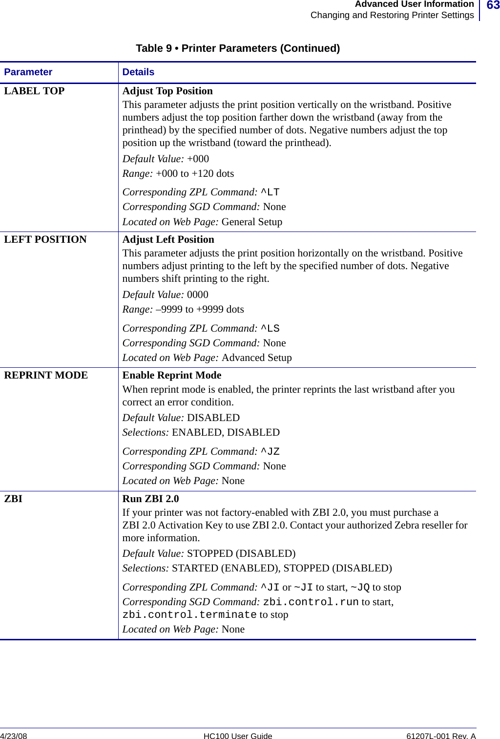 63Advanced User InformationChanging and Restoring Printer Settings4/23/08 HC100 User Guide 61207L-001 Rev. ALABEL TOP  Adjust Top PositionThis parameter adjusts the print position vertically on the wristband. Positive numbers adjust the top position farther down the wristband (away from the printhead) by the specified number of dots. Negative numbers adjust the top position up the wristband (toward the printhead).Default Value: +000Range: +000 to +120 dotsCorresponding ZPL Command: ^LT Corresponding SGD Command: NoneLocated on Web Page: General SetupLEFT POSITION  Adjust Left PositionThis parameter adjusts the print position horizontally on the wristband. Positive numbers adjust printing to the left by the specified number of dots. Negative numbers shift printing to the right.Default Value: 0000Range: –9999 to +9999 dotsCorresponding ZPL Command: ^LS Corresponding SGD Command: NoneLocated on Web Page: Advanced SetupREPRINT MODE  Enable Reprint ModeWhen reprint mode is enabled, the printer reprints the last wristband after you correct an error condition.Default Value: DISABLEDSelections: ENABLED, DISABLEDCorresponding ZPL Command: ^JZ Corresponding SGD Command: NoneLocated on Web Page: NoneZBI Run ZBI 2.0If your printer was not factory-enabled with ZBI 2.0, you must purchase a ZBI 2.0 Activation Key to use ZBI 2.0. Contact your authorized Zebra reseller for more information.Default Value: STOPPED (DISABLED)Selections: STARTED (ENABLED), STOPPED (DISABLED)Corresponding ZPL Command: ^JI or ~JI to start, ~JQ to stopCorresponding SGD Command: zbi.control.run to start, zbi.control.terminate to stopLocated on Web Page: NoneTable 9 • Printer Parameters (Continued)Parameter Details