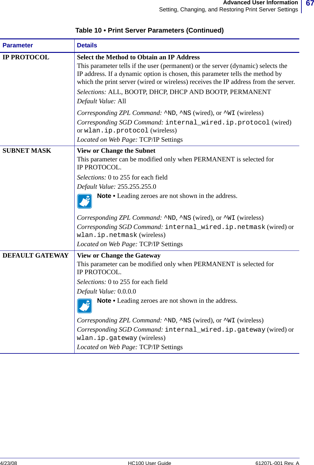 67Advanced User InformationSetting, Changing, and Restoring Print Server Settings4/23/08 HC100 User Guide 61207L-001 Rev. AIP PROTOCOL Select the Method to Obtain an IP AddressThis parameter tells if the user (permanent) or the server (dynamic) selects the IP address. If a dynamic option is chosen, this parameter tells the method by which the print server (wired or wireless) receives the IP address from the server.Selections: ALL, BOOTP, DHCP, DHCP AND BOOTP, PERMANENTDefault Value: AllCorresponding ZPL Command: ^ND, ^NS (wired), or ^WI (wireless)Corresponding SGD Command: internal_wired.ip.protocol (wired) or wlan.ip.protocol (wireless)Located on Web Page: TCP/IP SettingsSUBNET MASK View or Change the SubnetThis parameter can be modified only when PERMANENT is selected for IP PROTOCOL.Selections: 0 to 255 for each fieldDefault Value: 255.255.255.0 Note • Leading zeroes are not shown in the address.Corresponding ZPL Command: ^ND, ^NS (wired), or ^WI (wireless)Corresponding SGD Command: internal_wired.ip.netmask (wired) or wlan.ip.netmask (wireless)Located on Web Page: TCP/IP SettingsDEFAULT GATEWAY View or Change the GatewayThis parameter can be modified only when PERMANENT is selected for IP PROTOCOL.Selections: 0 to 255 for each fieldDefault Value: 0.0.0.0 Note • Leading zeroes are not shown in the address.Corresponding ZPL Command: ^ND, ^NS (wired), or ^WI (wireless)Corresponding SGD Command: internal_wired.ip.gateway (wired) or wlan.ip.gateway (wireless)Located on Web Page: TCP/IP SettingsTable 10 • Print Server Parameters (Continued)Parameter Details