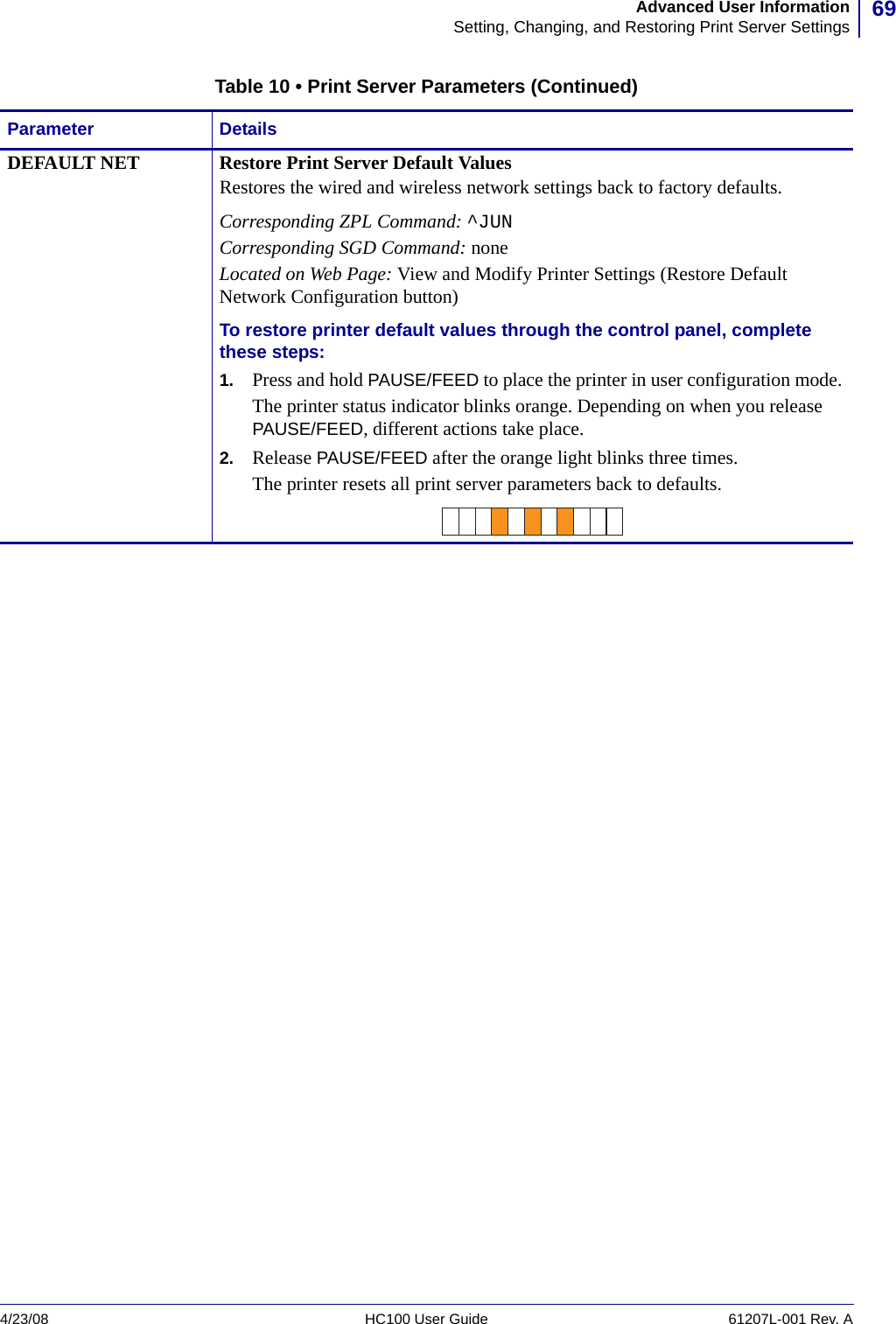 69Advanced User InformationSetting, Changing, and Restoring Print Server Settings4/23/08 HC100 User Guide 61207L-001 Rev. ADEFAULT NET Restore Print Server Default ValuesRestores the wired and wireless network settings back to factory defaults.Corresponding ZPL Command: ^JUN Corresponding SGD Command: noneLocated on Web Page: View and Modify Printer Settings (Restore Default Network Configuration button)To restore printer default values through the control panel, complete these steps:1. Press and hold PAUSE/FEED to place the printer in user configuration mode.The printer status indicator blinks orange. Depending on when you release PAUSE/FEED, different actions take place.2. Release PAUSE/FEED after the orange light blinks three times.The printer resets all print server parameters back to defaults.Table 10 • Print Server Parameters (Continued)Parameter Details