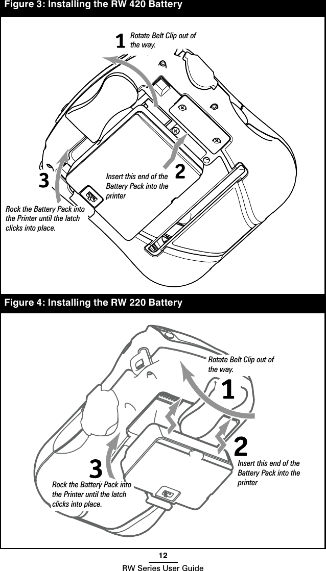 12RW Series User GuideFigure 4: Installing the RW 220 BatteryFigure 3: Installing the RW 420 BatteryRotate Belt Clip out of the way.Insert this end of the Battery Pack into the printerRock the Battery Pack into the Printer until the latch clicks into place.Insert this end of the Battery Pack into the printerRock the Battery Pack into the Printer until the latch clicks into place.Rotate Belt Clip out of the way.