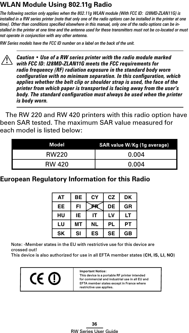 36RW Series User GuideWLAN Module Using 802.11g Radio The following section only applies when the 802.11g WLAN module (With FCC ID:  I28MD-ZLAN11G) is installed in a RW series printer (note that only one of the radio options can be installed in the printer at one time). Other than conditions speciﬁed elsewhere in this manual, only one of the radio options can be in-stalled in the printer at one time and the antenna used for these transmitters must not be co-located or must not operate in conjunction with any other antenna.RW Series models have the FCC ID number on a label on the back of the unit.    Caution • Use of a RW series printer with the radio module marked with FCC ID: I28MD-ZLAN11G meets the FCC requirements for radio frequency (RF) radiation exposure in the standard body worn conﬁguration with no minimum separation. In this conﬁguration, which applies whether the belt clip or shoulder strap is used, the face of the printer from which paper is transported is facing away from the user’s body. The standard conﬁguration must always be used when the printer is body worn.The RW 220 and RW 420 printers with this radio option have been SAR tested. The maximum SAR value measured for each model is listed below:Model SAR value W/Kg (1g average))RW220 0.004 RW 420 0.004 European Regulatory Information for this RadioAT BE CY CZ DKEE FI FR DE GRHU IE IT LV LTLU MT NL PL PTSK SI ES SE GB Note: -Member states in the EU with restrictive use for this device are  crossed out!This device is also authorized for use in all EFTA member states (CH, IS, LI, NO)Important Notice:This device is a portable RF printer intended for commercial and industrial use in all EU and EFTA member states except in France where restrictive use applies. 