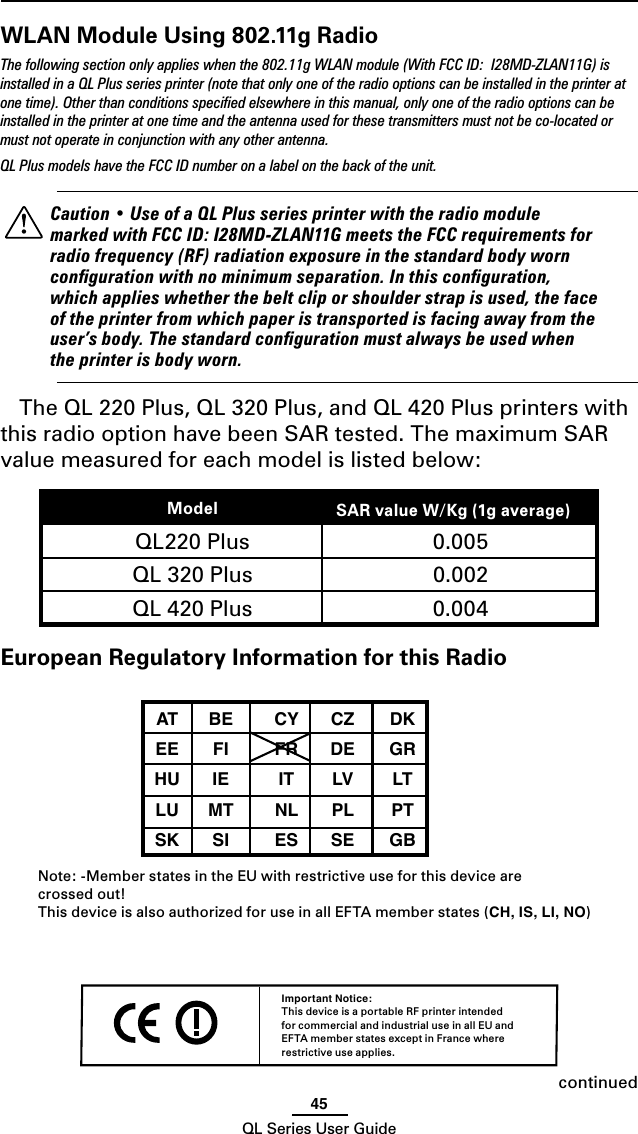 45QL Series User GuideWLAN Module Using 802.11g Radio The following section only applies when the 802.11g WLAN module (With FCC ID:  I28MD-ZLAN11G) is installed in a QL Plus series printer (note that only one of the radio options can be installed in the printer at one time). Other than conditions speciﬁed elsewhere in this manual, only one of the radio options can be installed in the printer at one time and the antenna used for these transmitters must not be co-located or must not operate in conjunction with any other antenna.QL Plus models have the FCC ID number on a label on the back of the unit.    Caution • Use of a QL Plus series printer with the radio module marked with FCC ID: I28MD-ZLAN11G meets the FCC requirements for radio frequency (RF) radiation exposure in the standard body worn conﬁguration with no minimum separation. In this conﬁguration, which applies whether the belt clip or shoulder strap is used, the face of the printer from which paper is transported is facing away from the user’s body. The standard conﬁguration must always be used when the printer is body worn.The QL 220 Plus, QL 320 Plus, and QL 420 Plus printers with this radio option have been SAR tested. The maximum SAR value measured for each model is listed below:Model SAR value W/Kg (1g average))QL220 Plus 0.005 QL 320 Plus 0.002  QL 420 Plus 0.004 European Regulatory Information for this Radio AT  BE  CY  CZ  DK  EE  FI  FR  DE  GR  HU  IE  IT  LV  LT  LU  MT  NL  PL  PT  SK  SI  ES  SE  GB  Note: -Member states in the EU with restrictive use for this device are  crossed out!This device is also authorized for use in all EFTA member states (CH, IS, LI, NO)Important Notice:This device is a portable RF printer intended for commercial and industrial use in all EU and EFTA member states except in France where restrictive use applies. continued