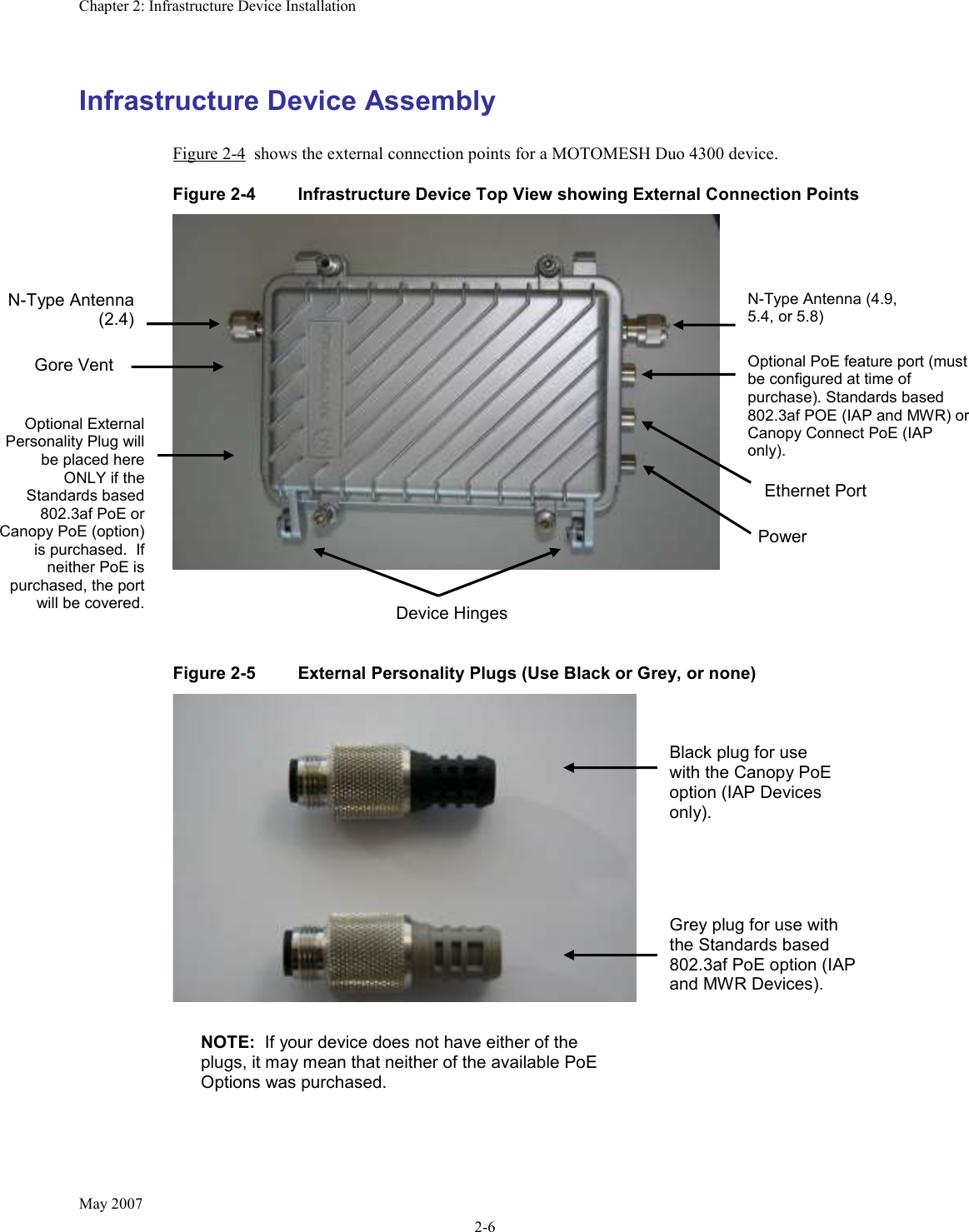 Chapter 2: Infrastructure Device Installation May 2007 2-6 Infrastructure Device Assembly  Figure 2-4  shows the external connection points for a MOTOMESH Duo 4300 device.  Figure 2-4  Infrastructure Device Top View showing External Connection Points    Figure 2-5  External Personality Plugs (Use Black or Grey, or none)    N-Type Antenna (5.8) Power N-Type Antenna (2.4) Gore Vent Device Hinges Optional PoE feature port (must be configured at time of purchase). Standards based 802.3af POE (IAP and MWR) or Canopy Connect PoE (IAP only). Ethernet Port N-Type Antenna (5.8) N-Type Antenna (4.9, 5.4, or 5.8) Optional External Personality Plug will be placed here ONLY if the Standards based 802.3af PoE or Canopy PoE (option) is purchased.  If neither PoE is purchased, the port will be covered.  Black plug for use with the Canopy PoE option (IAP Devices only). Grey plug for use with the Standards based 802.3af PoE option (IAP and MWR Devices).  NOTE:  If your device does not have either of the plugs, it may mean that neither of the available PoE Options was purchased. 
