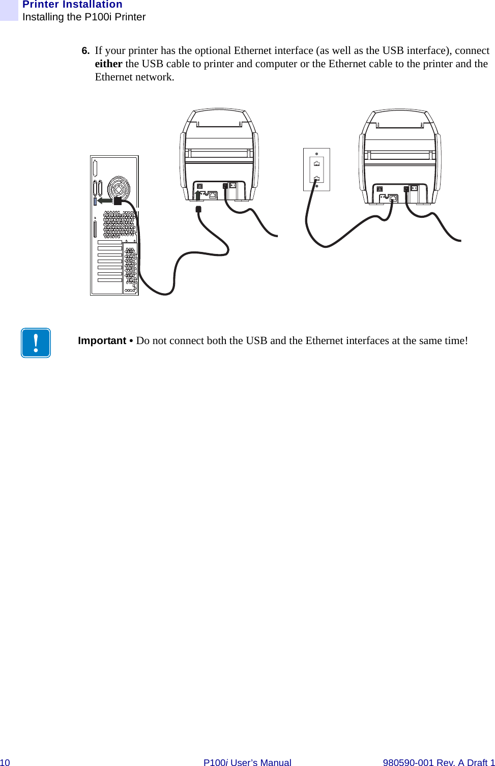 10 P100i User’s Manual 980590-001 Rev. A Draft 1Printer InstallationInstalling the P100i Printer6. If your printer has the optional Ethernet interface (as well as the USB interface), connect either the USB cable to printer and computer or the Ethernet cable to the printer and the Ethernet network.Important • Do not connect both the USB and the Ethernet interfaces at the same time!