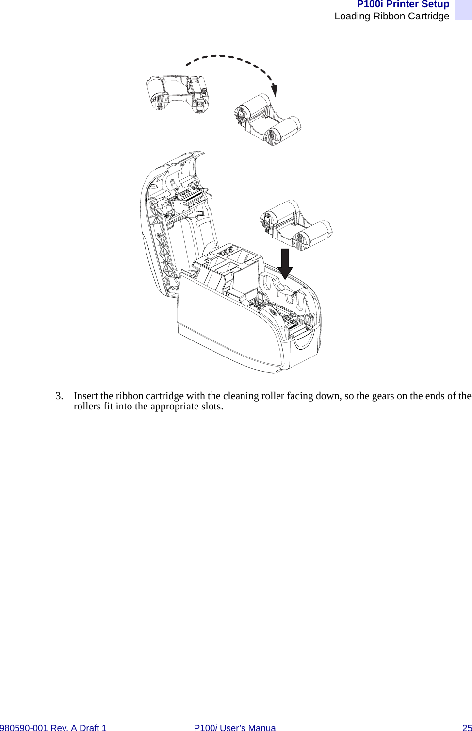 P100i Printer SetupLoading Ribbon Cartridge980590-001 Rev. A Draft 1 P100i User’s Manual 253. Insert the ribbon cartridge with the cleaning roller facing down, so the gears on the ends of the rollers fit into the appropriate slots.