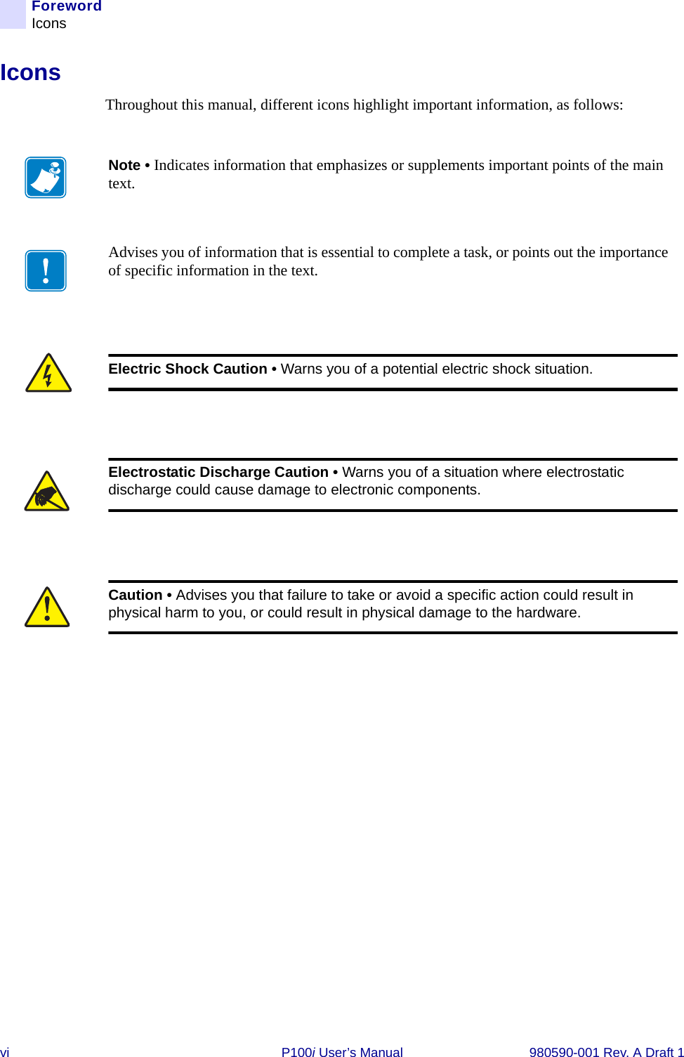 vi P100i User’s Manual 980590-001 Rev. A Draft 1ForewordIconsIconsThroughout this manual, different icons highlight important information, as follows:Note • Indicates information that emphasizes or supplements important points of the main text.Advises you of information that is essential to complete a task, or points out the importance of specific information in the text.Electric Shock Caution • Warns you of a potential electric shock situation.Electrostatic Discharge Caution • Warns you of a situation where electrostatic discharge could cause damage to electronic components.Caution • Advises you that failure to take or avoid a specific action could result in physical harm to you, or could result in physical damage to the hardware.