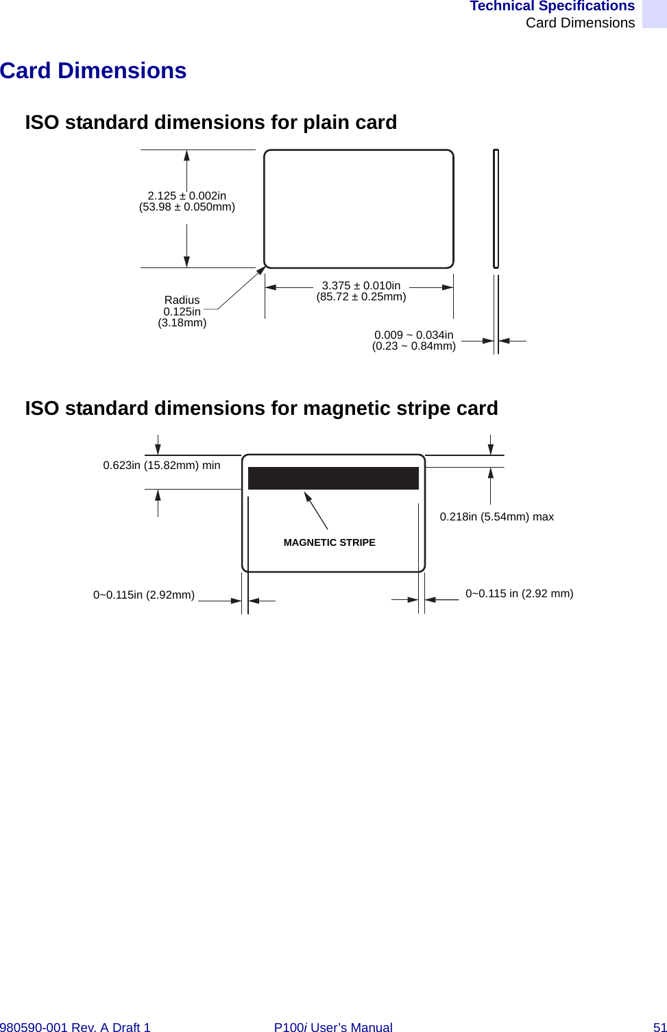 Technical SpecificationsCard Dimensions980590-001 Rev. A Draft 1 P100i User’s Manual 51Card DimensionsISO standard dimensions for plain cardISO standard dimensions for magnetic stripe card980504-07-012.125 ± 0.002in(53.98 ± 0.050mm)Radius0.125in(3.18mm)3.375 ± 0.010in(85.72 ± 0.25mm)0.009 ~ 0.034in(0.23 ~ 0.84mm)980504-07-020.623in (15.82mm) min0~0.115in (2.92mm) 0~0.115 in (2.92 mm)MAGNETIC STRIPE0.218in (5.54mm) max