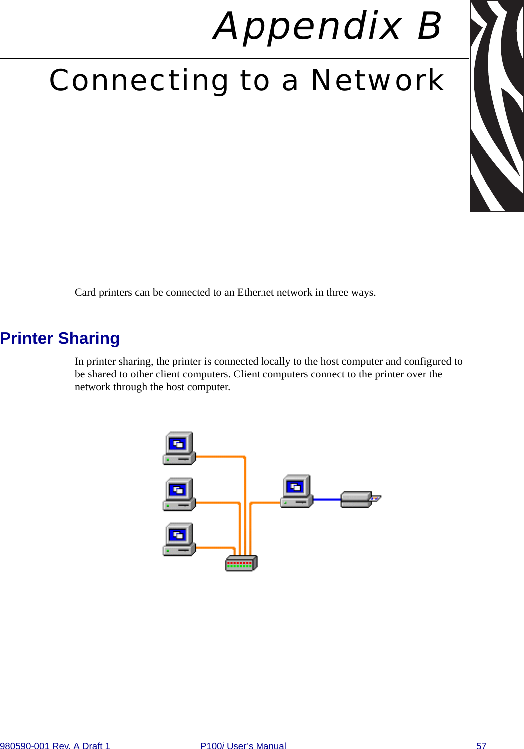 980590-001 Rev. A Draft 1 P100i User’s Manual 57Appendix BConnecting to a NetworkCard printers can be connected to an Ethernet network in three ways.Printer SharingIn printer sharing, the printer is connected locally to the host computer and configured to be shared to other client computers. Client computers connect to the printer over the network through the host computer.